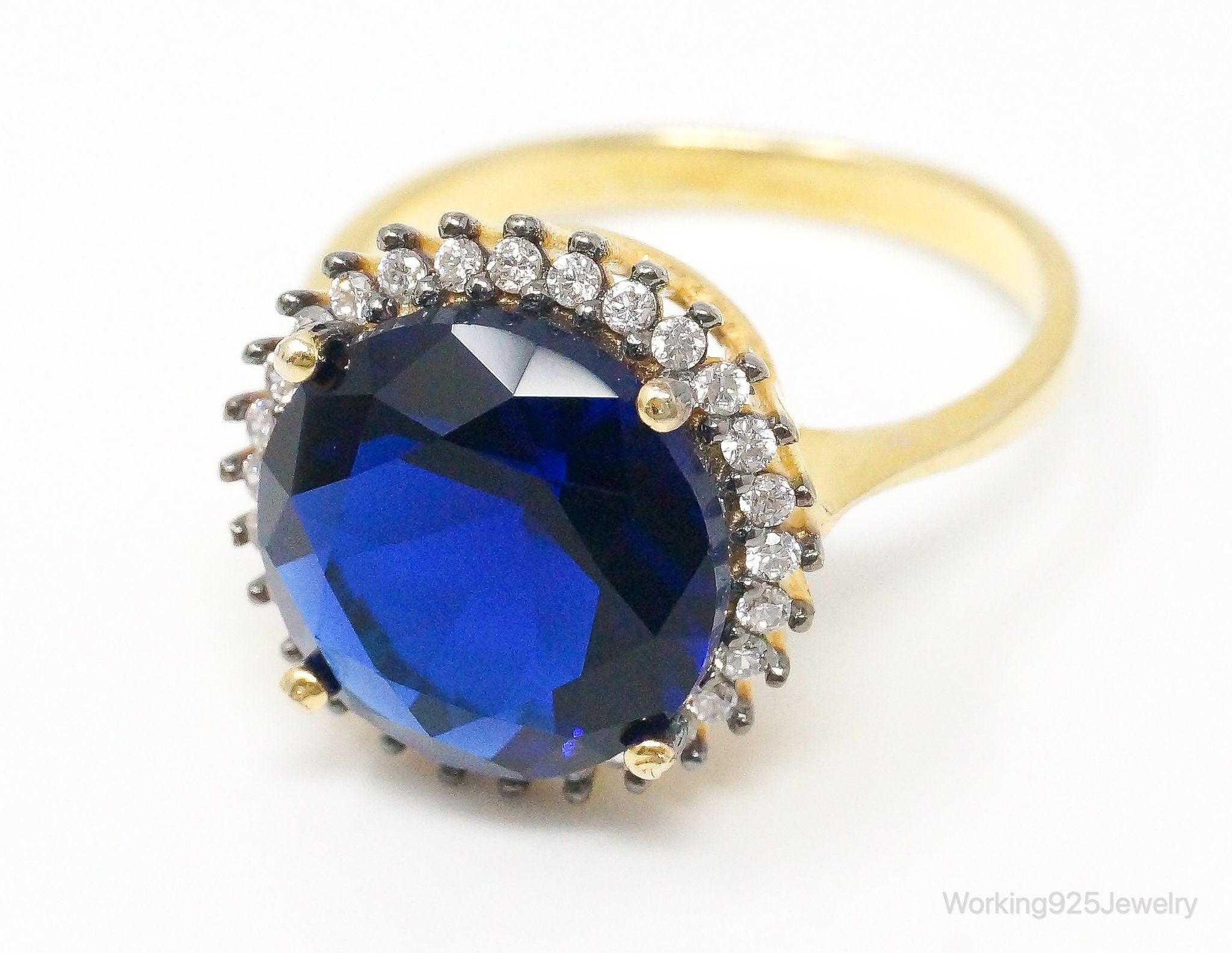 Large Blue Glass Cubic Zirconia Gold Vermeil Sterling Silver Ring - Size 8