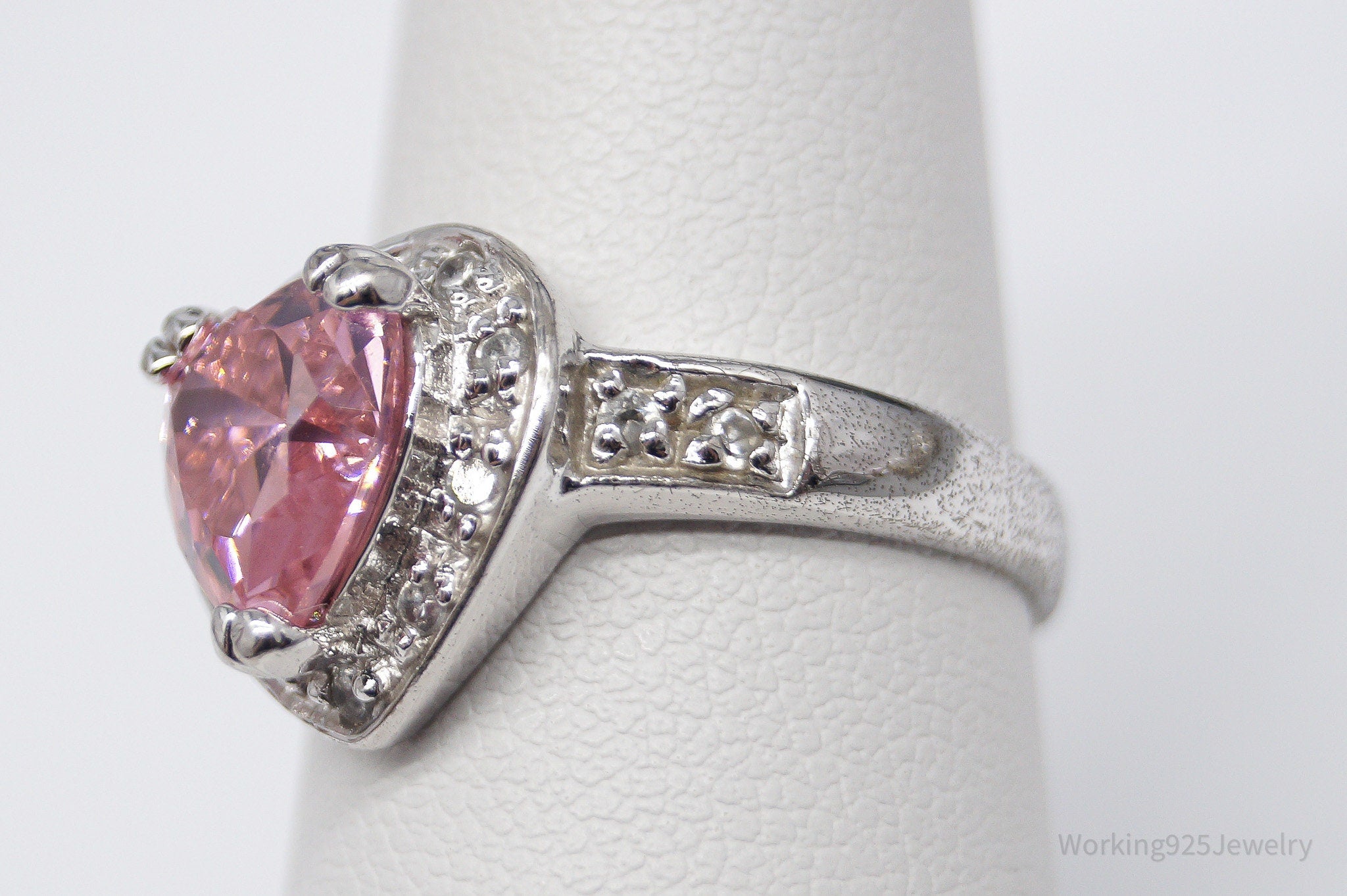 Vintage Pink & White Cubic Zirconia Rhodium Over Sterling Silver Ring - Size 8