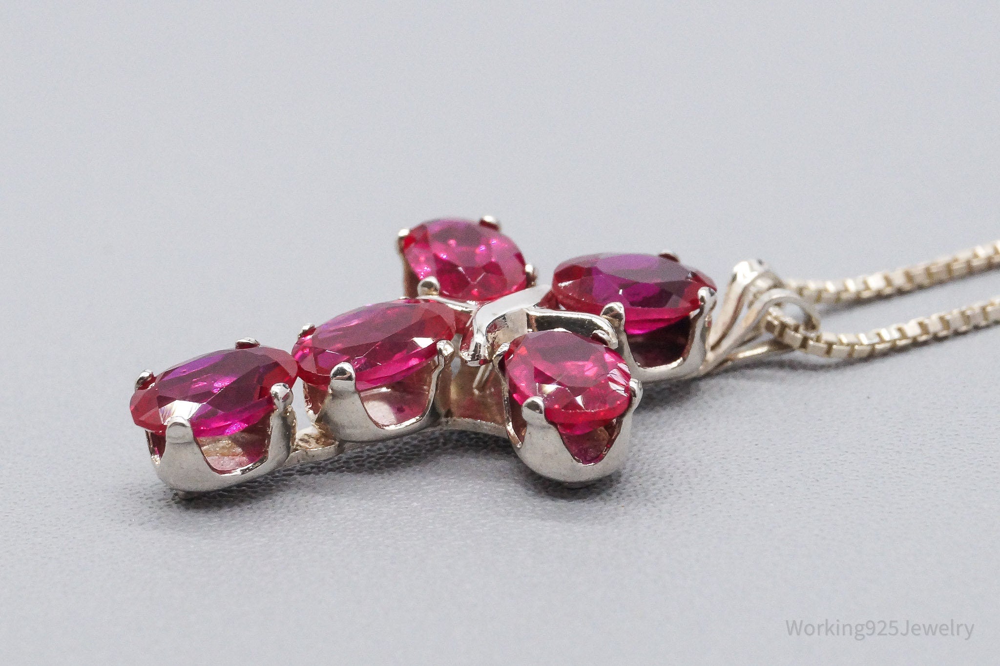Vintage Lab Ruby Cross Sterling Silver Necklace 16"
