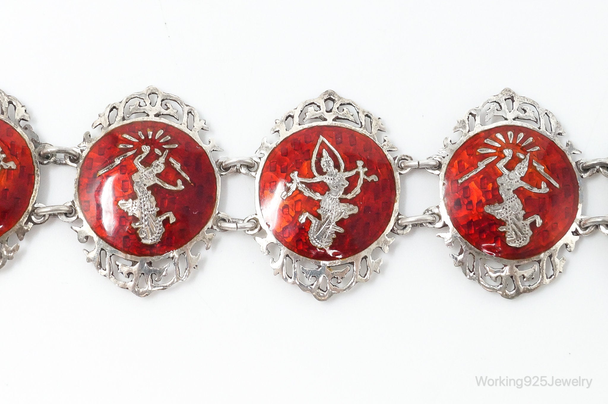 Vintage SIAM Red Enamel Lightening Dancer Sterling Silver Bracelet