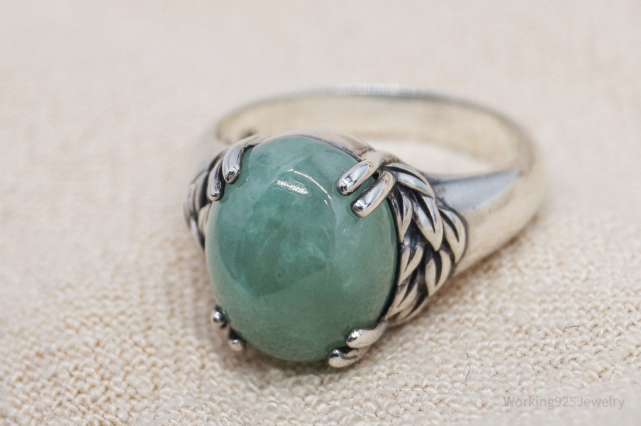 Vintage CNA Green Jade Sterling Silver Ring - Size 6