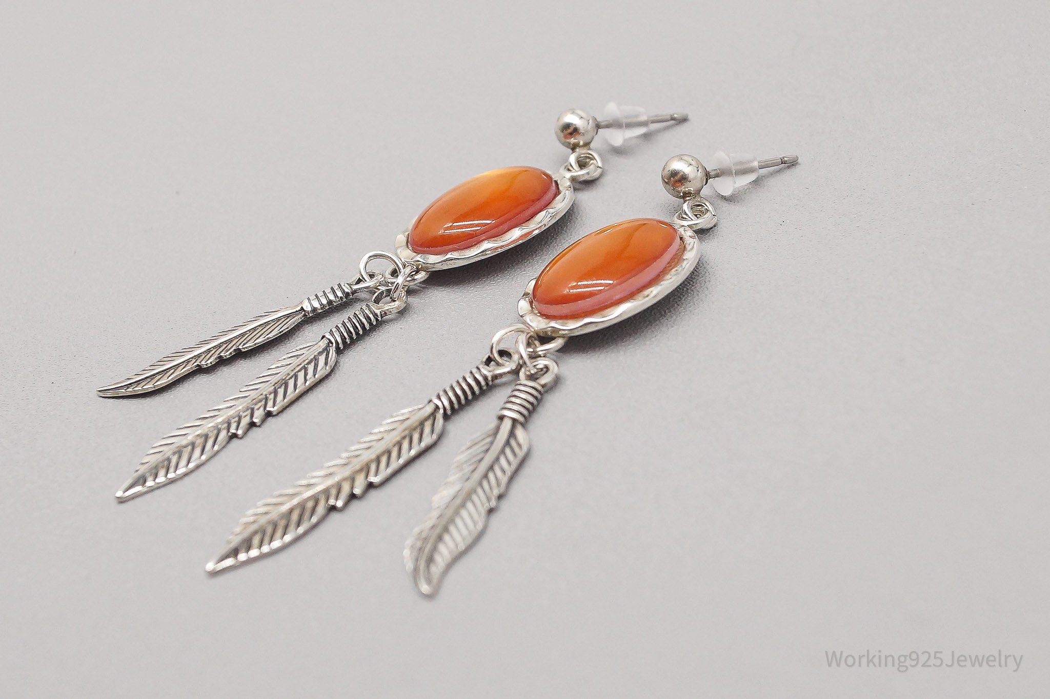 Vintage WMCO Orange Stone Feather Sterling Silver Earrings