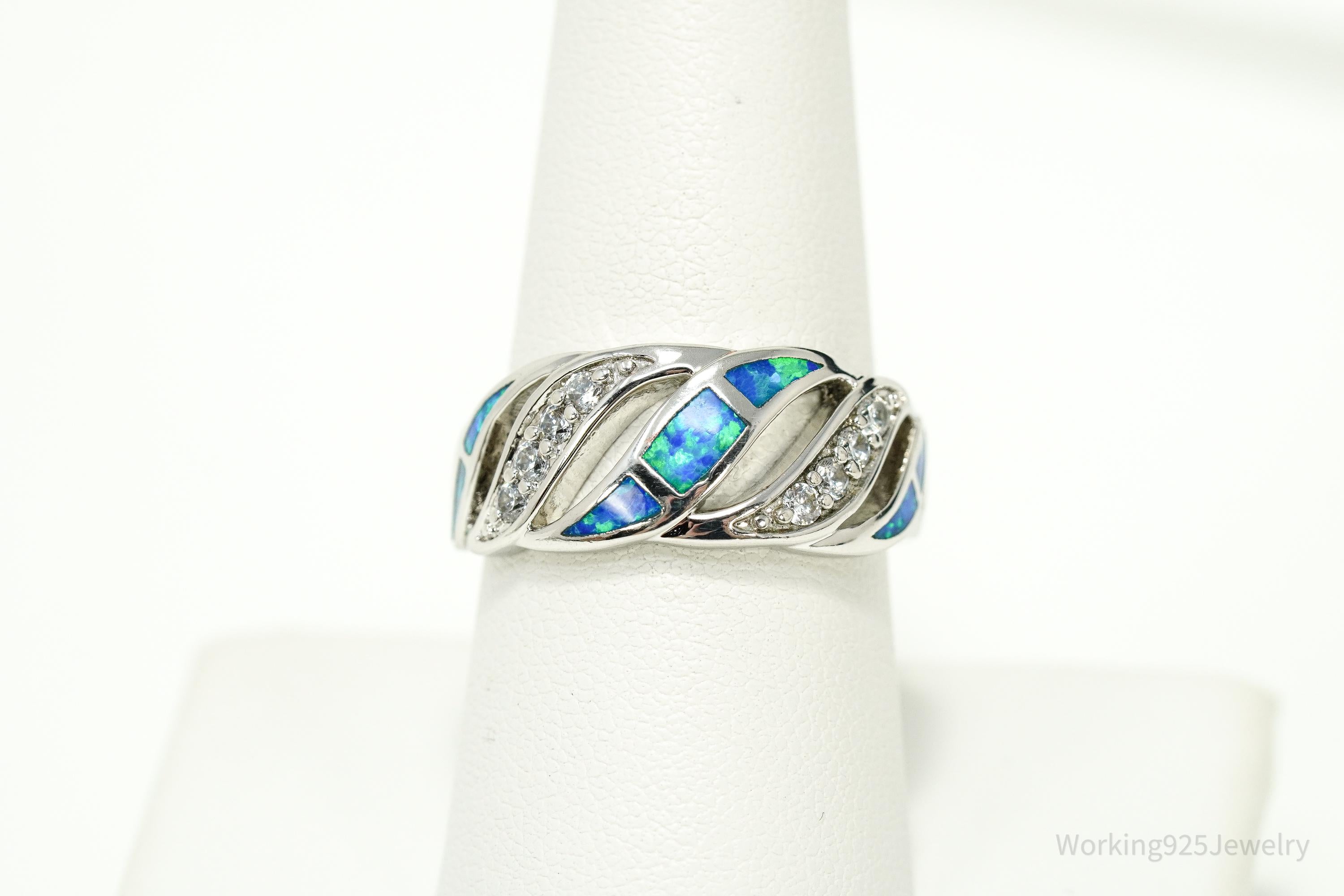 Vintage Cubic Zirconia & Opal Inlay Sterling Silver Ring - Size 8.5