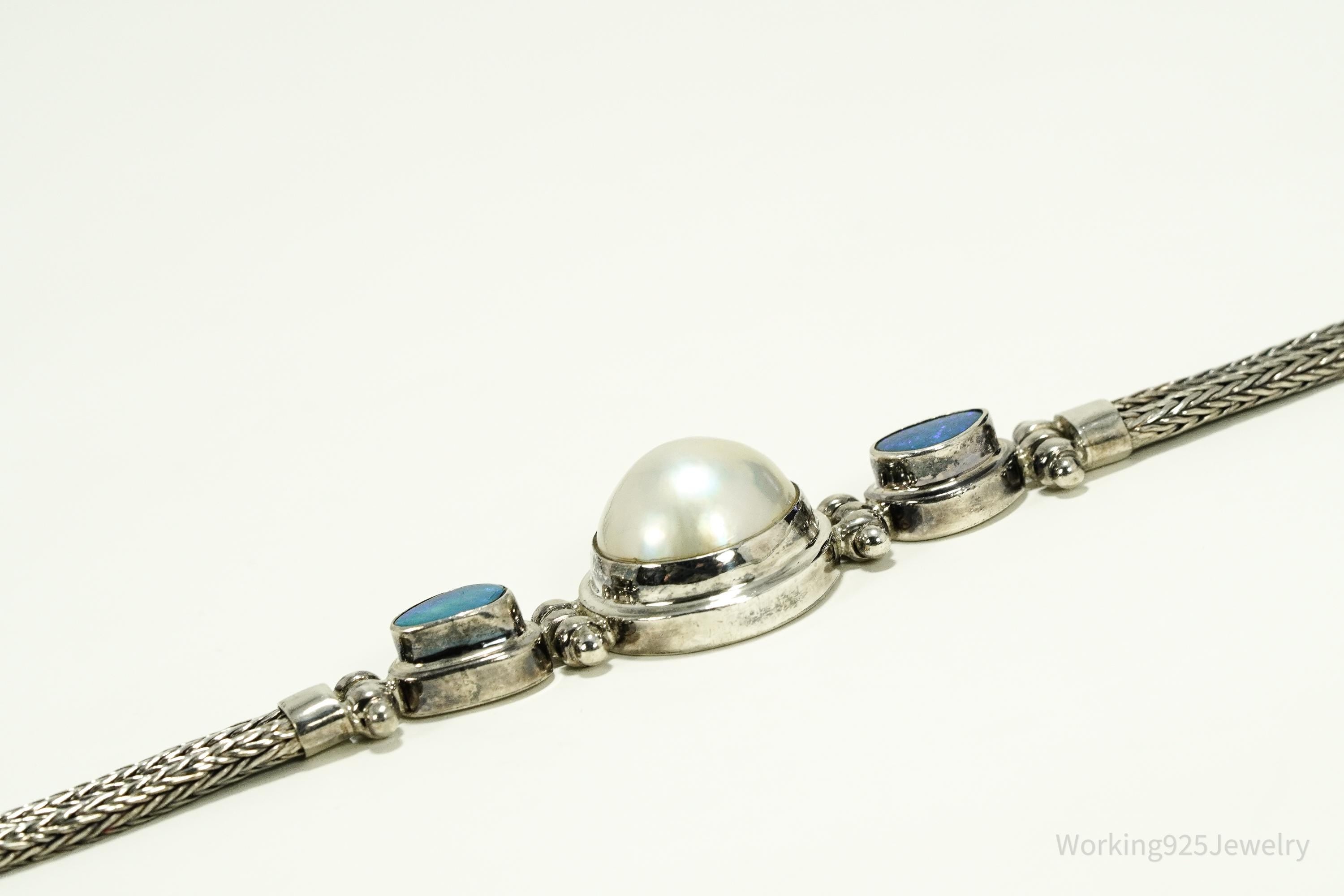 Vintage White Pearl & Opal Sterling Silver Toggle Bracelet 7 1/8"