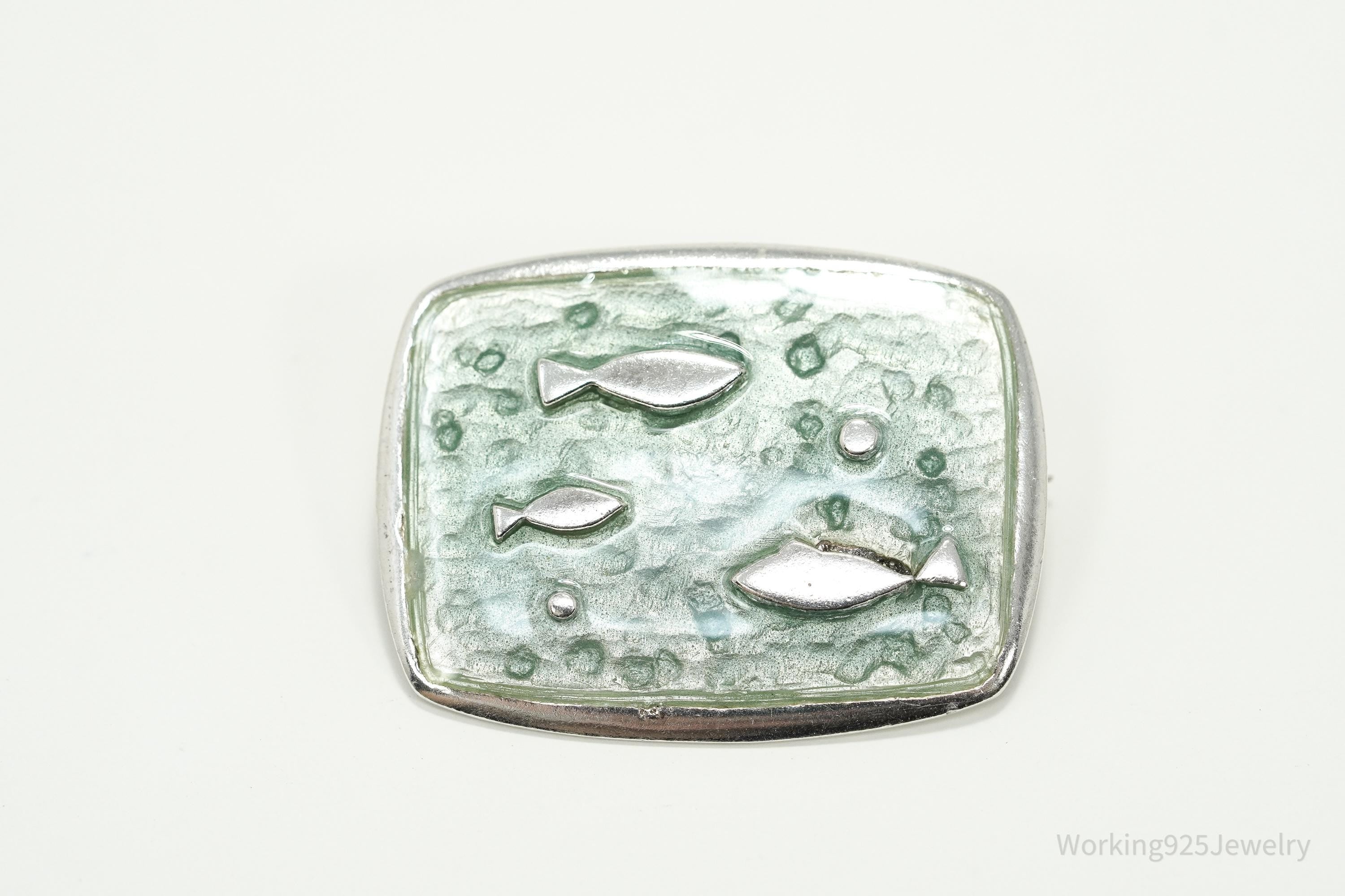 Rare Vintage Fish Enamel Modernist Sterling Silver Brooch Pin