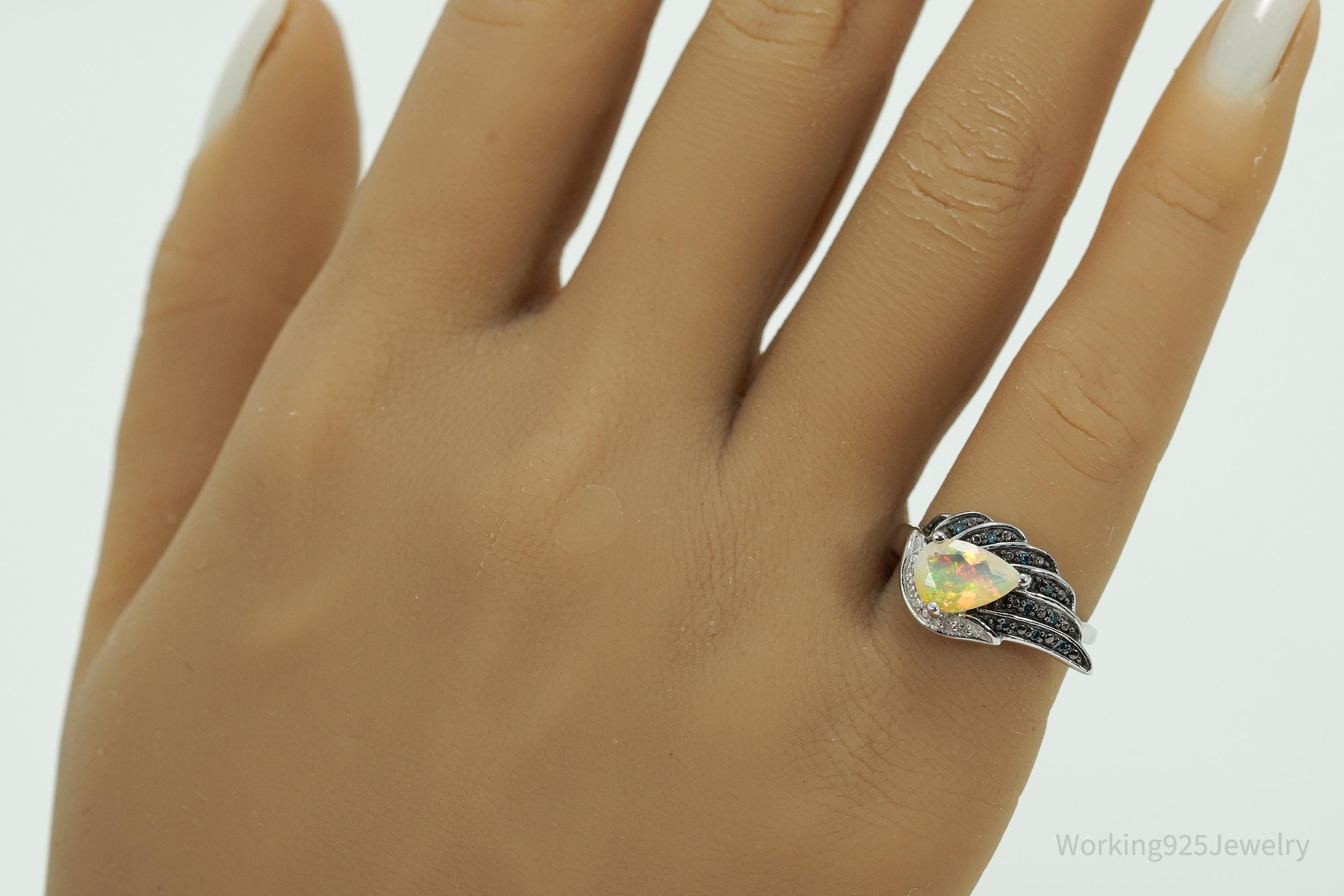 Vintage KH Opal & Diamond Sterling Silver Ring - Size 6