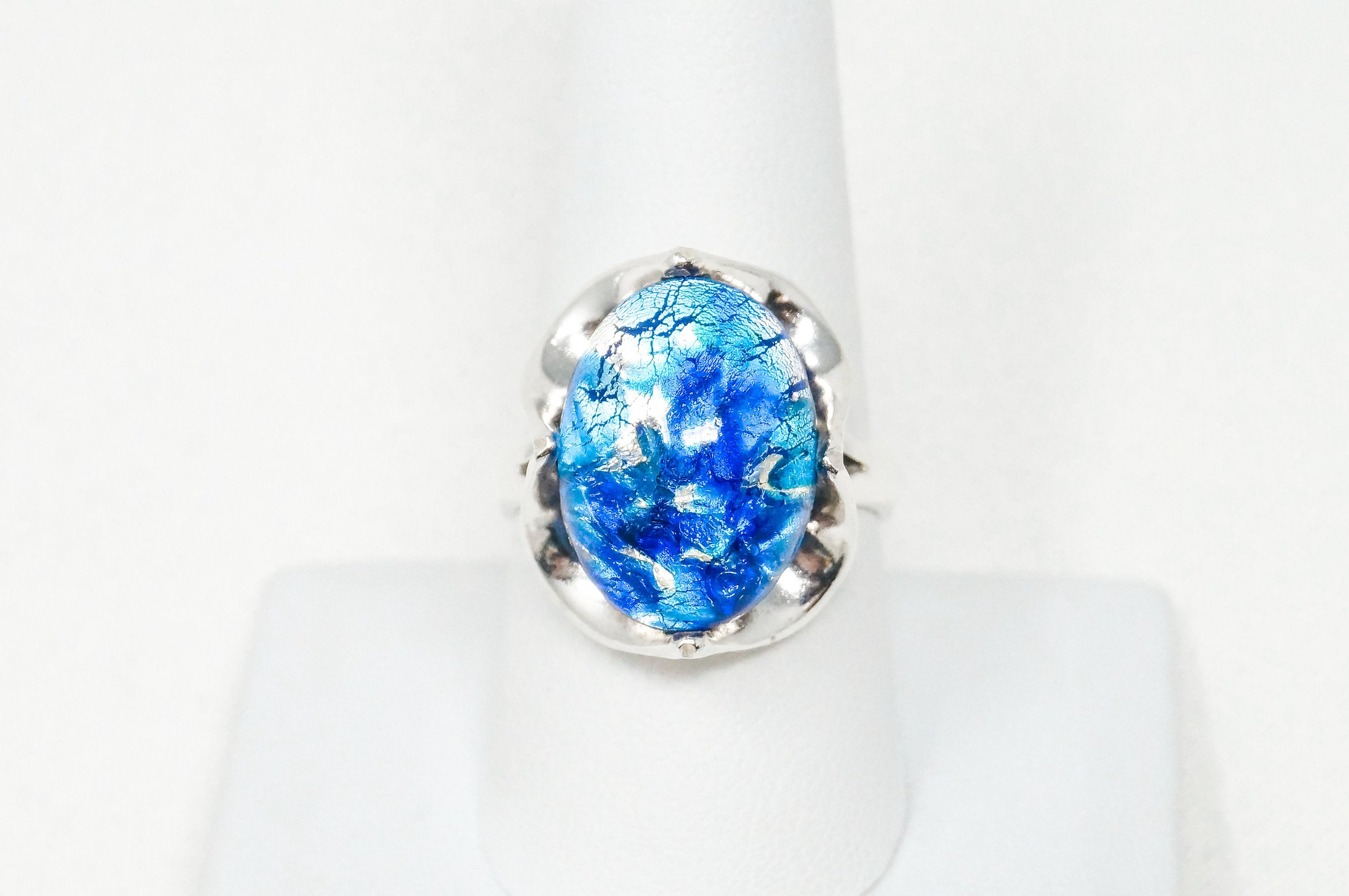 Vintage Mexico Blue Dichroic Glass Sterling Silver Ring - Sz 9