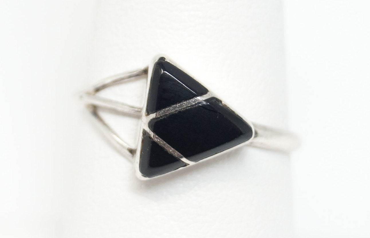 Vintage Southwestern Black Onyx Inlay Geometric Sterling Silver Ring - Sz 8