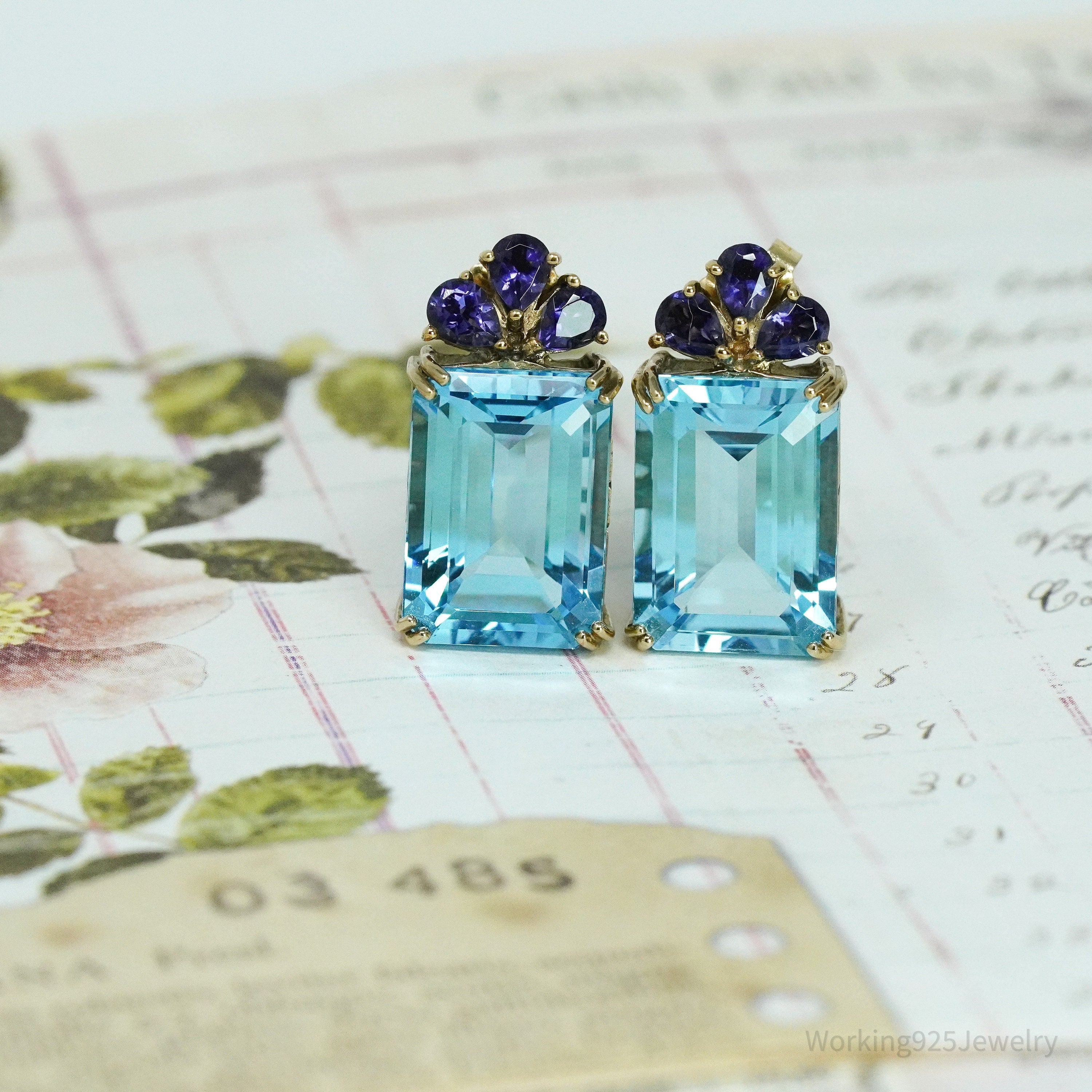 14K Yellow Gold, Natural Blue Topaz, & Natural Iolite Earrings
