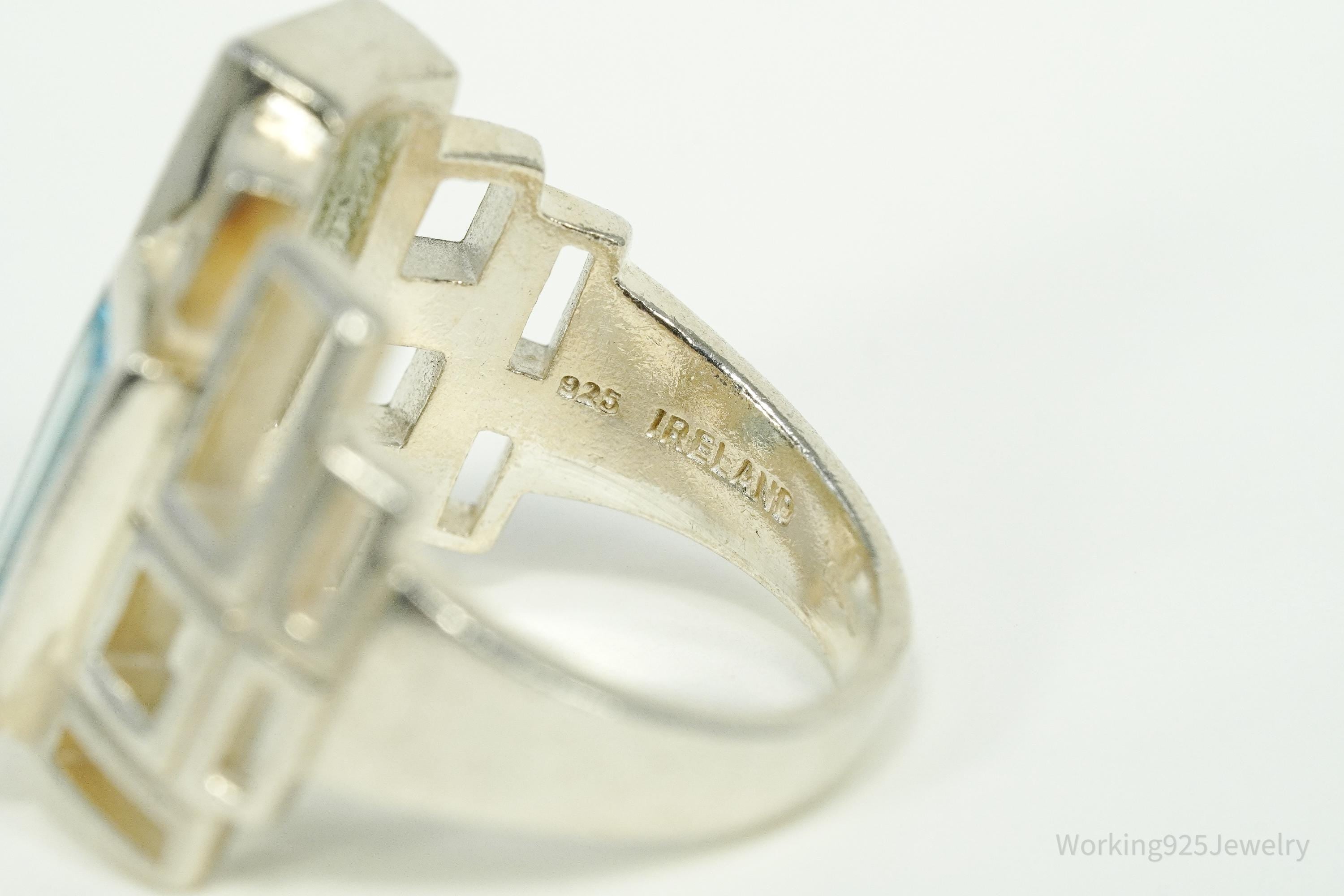 Vintage Green Amethyst & Blue Topaz Modernist Style Sterling Silver Irish Ring - Size 7.25