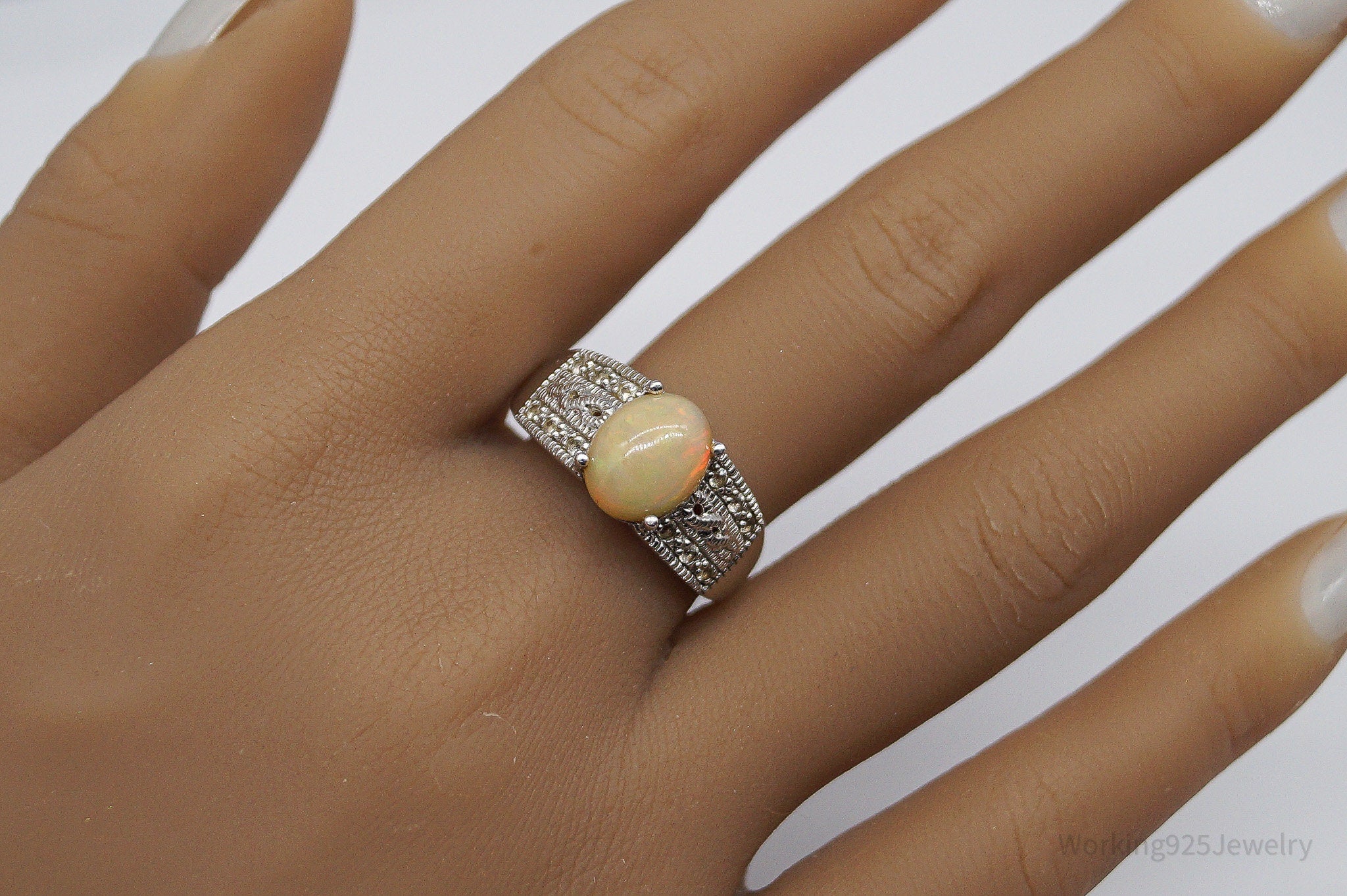 Vintage Opal White Topaz Sterling Silver Ring - Size 9.75