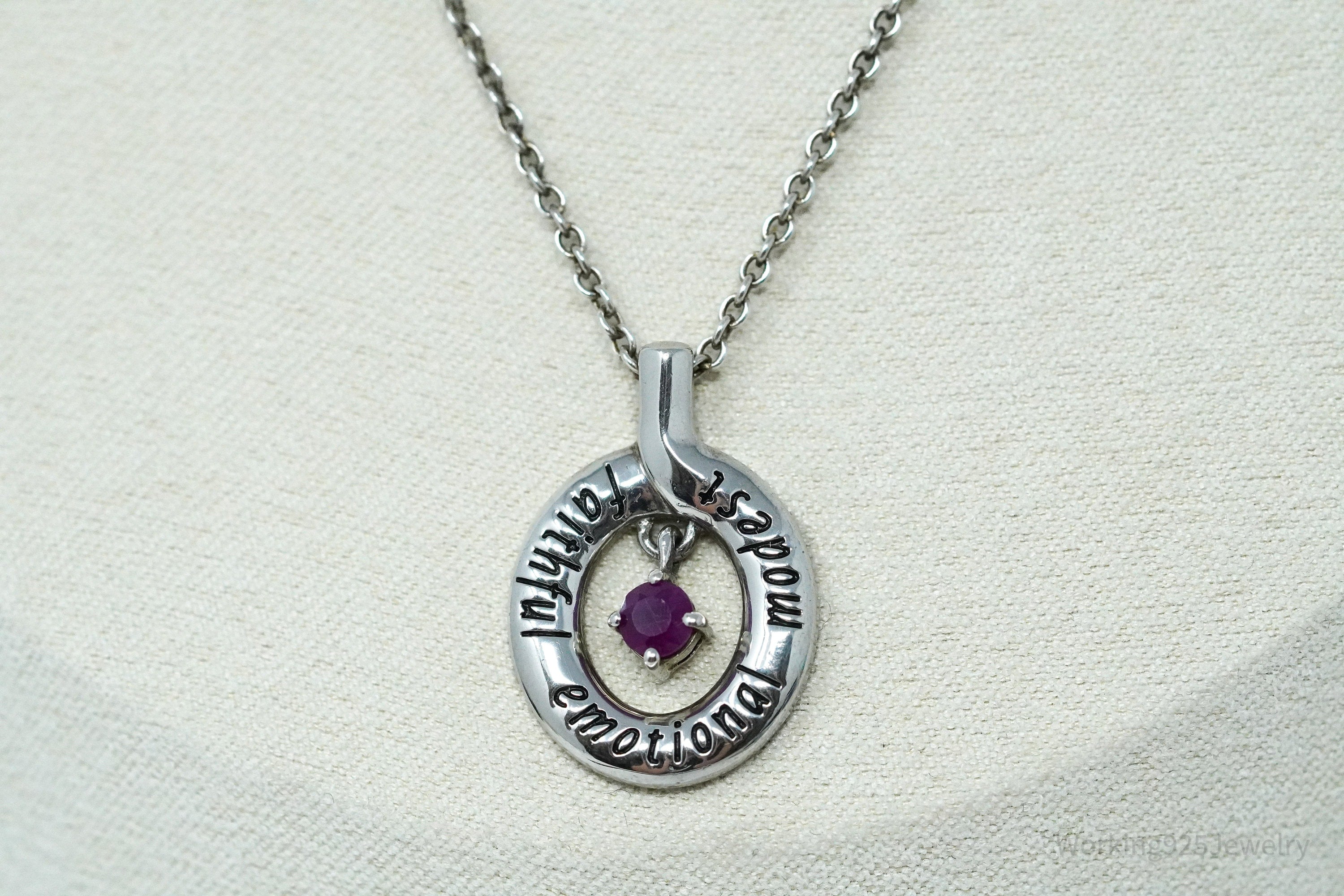 Vintage "Faithful Emotional Modest" Ruby Sterling Silver Necklace 18"