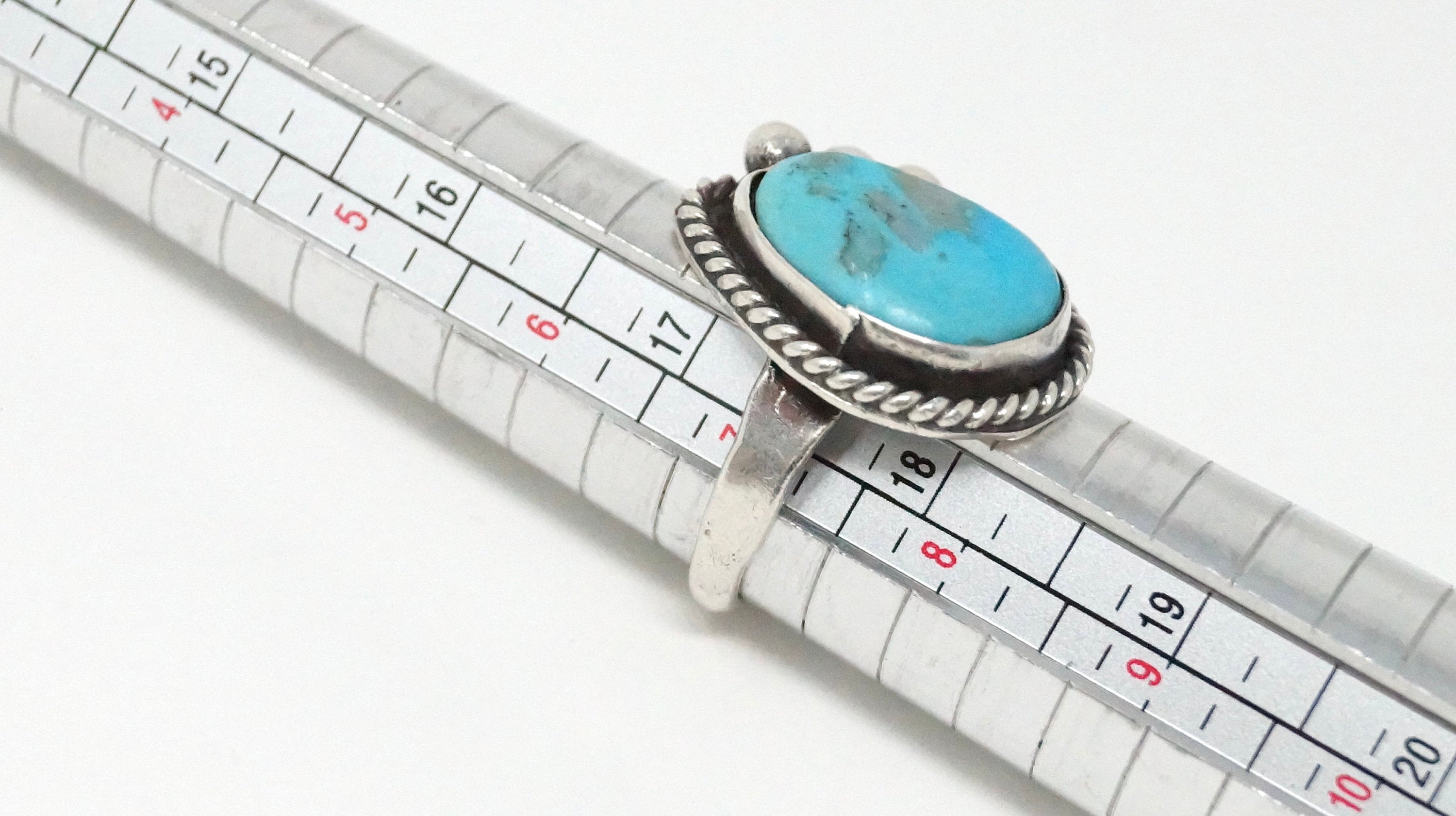 Vintage Native Turquoise Sterling Silver Rope Detail Ring - Size 7 1/4