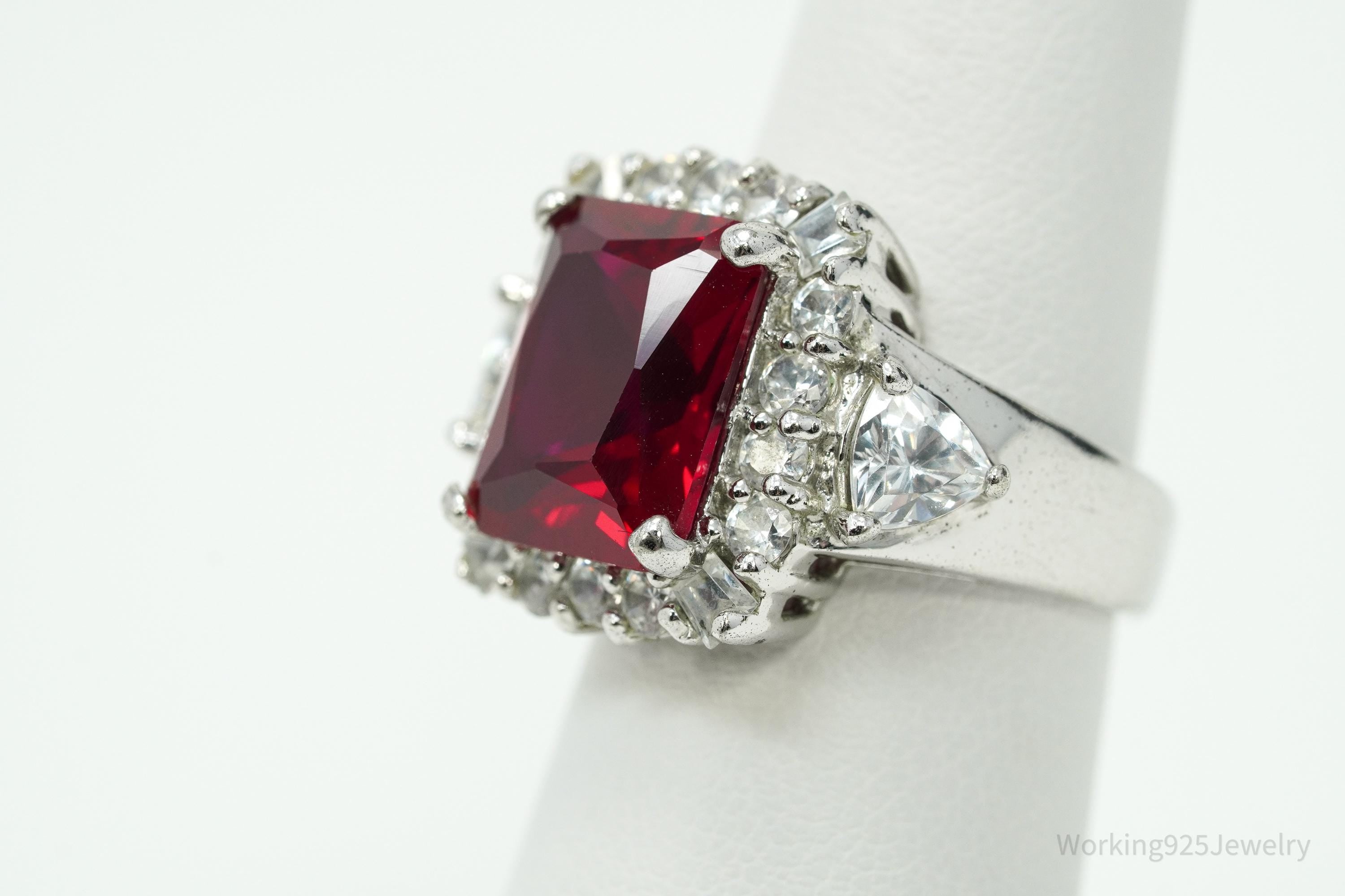 Vintage Lab Ruby & Cubic Zirconia Sterling Silver Ring - Size 6
