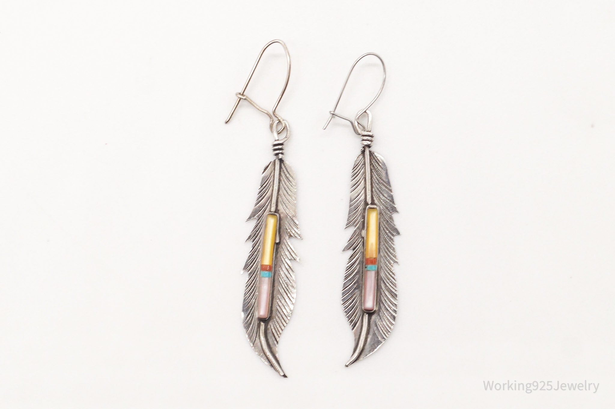 Vintage Native American Multi Gemstone Silver Feather Earrings