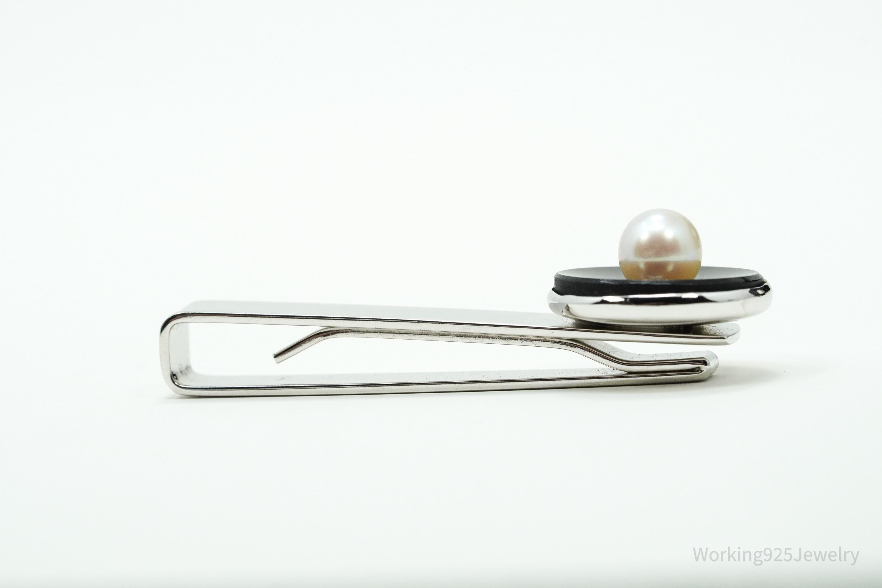 Vintage Designer CARIBE Pearl & Onxy Sterling Silver Tie Bar Clip