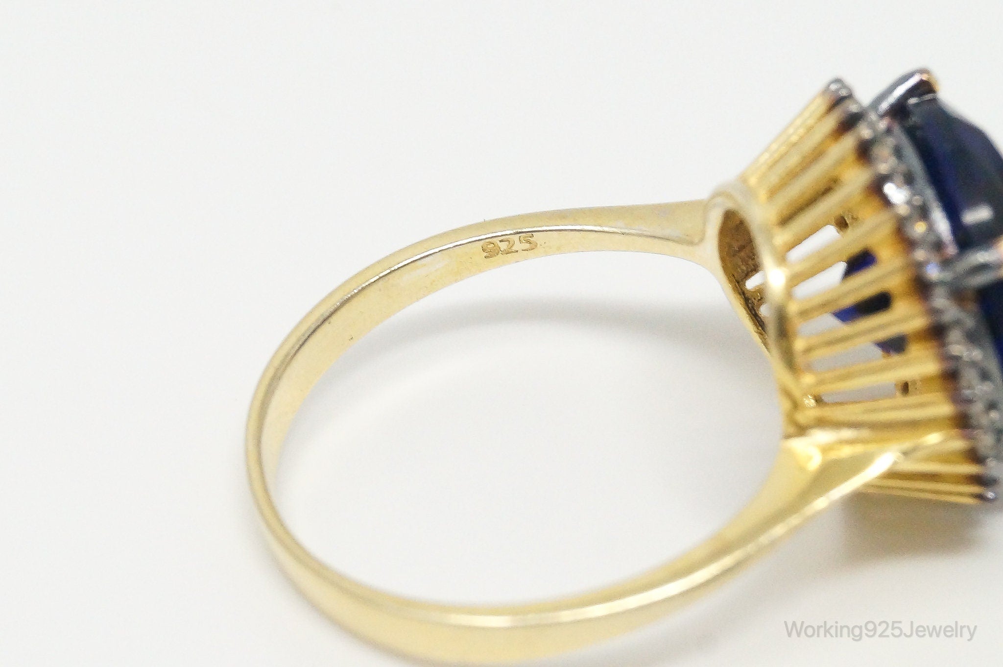 Large Blue Glass Cubic Zirconia Gold Vermeil Sterling Silver Ring - Size 8