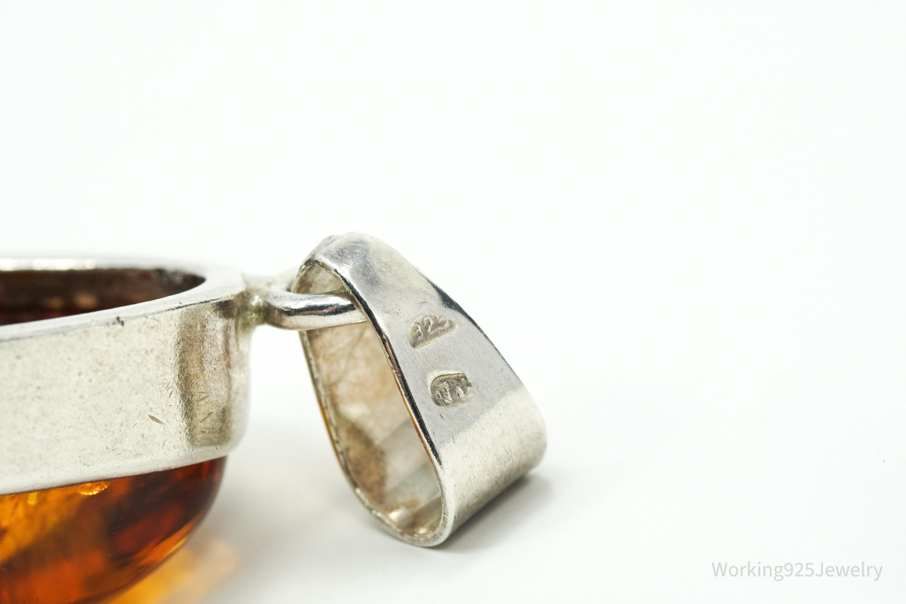 Large Vintage Modernist Amber Sterling Silver Pendant