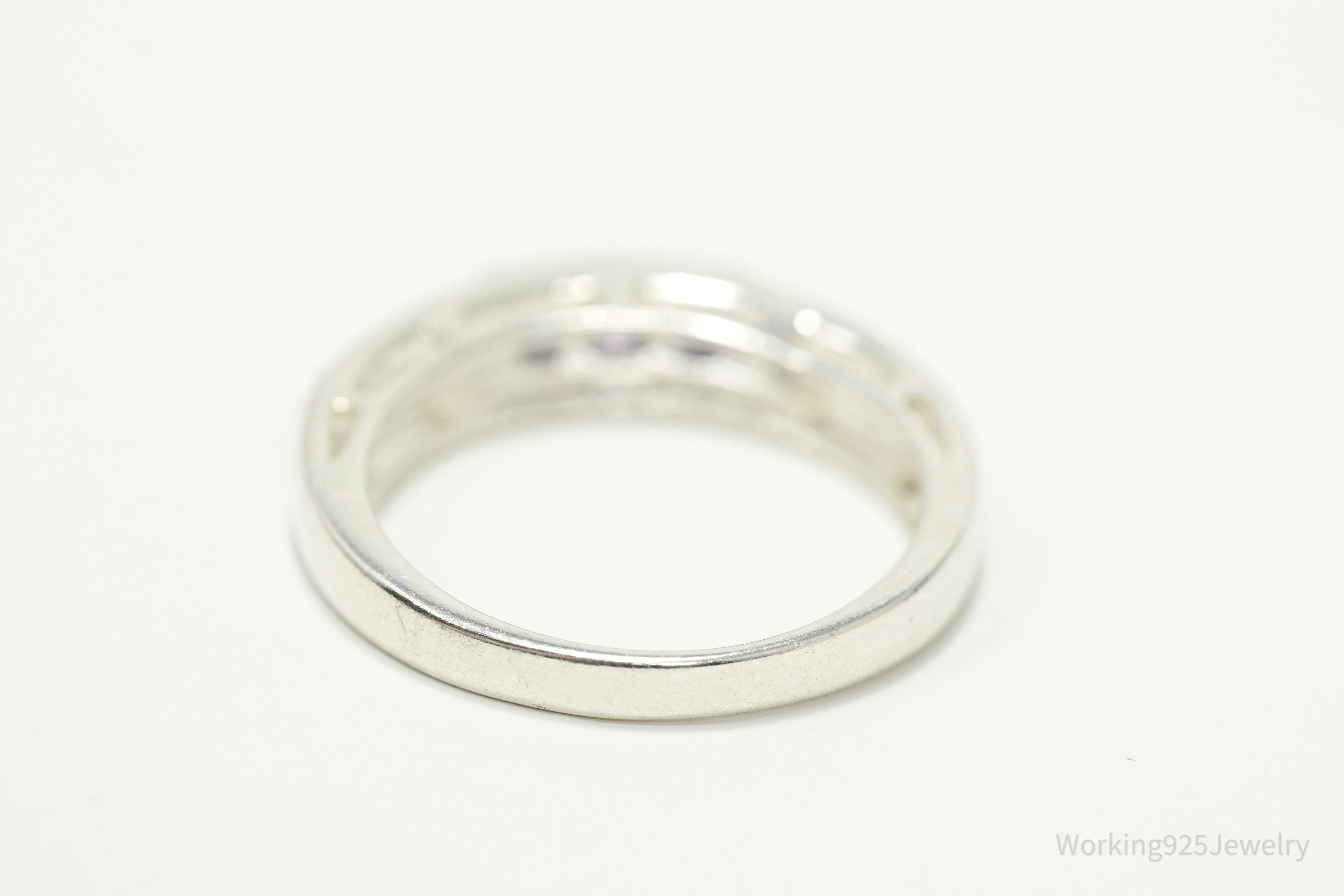 Vintage Purple Amethyst Hearts Pattern Sterling Silver Ring - Size 7