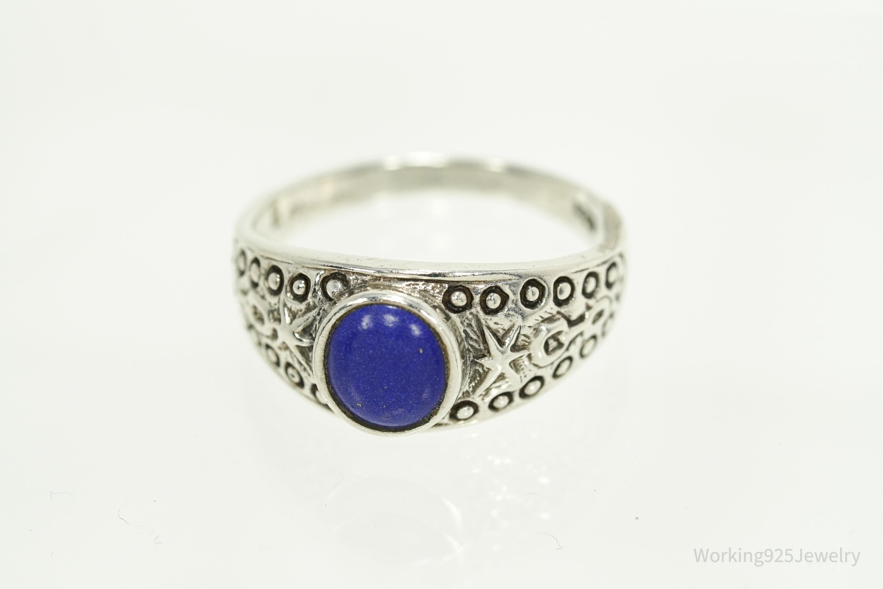 Vintage Lapis Lazuli Viking Style Sterling Silver Ring - Size 11.25
