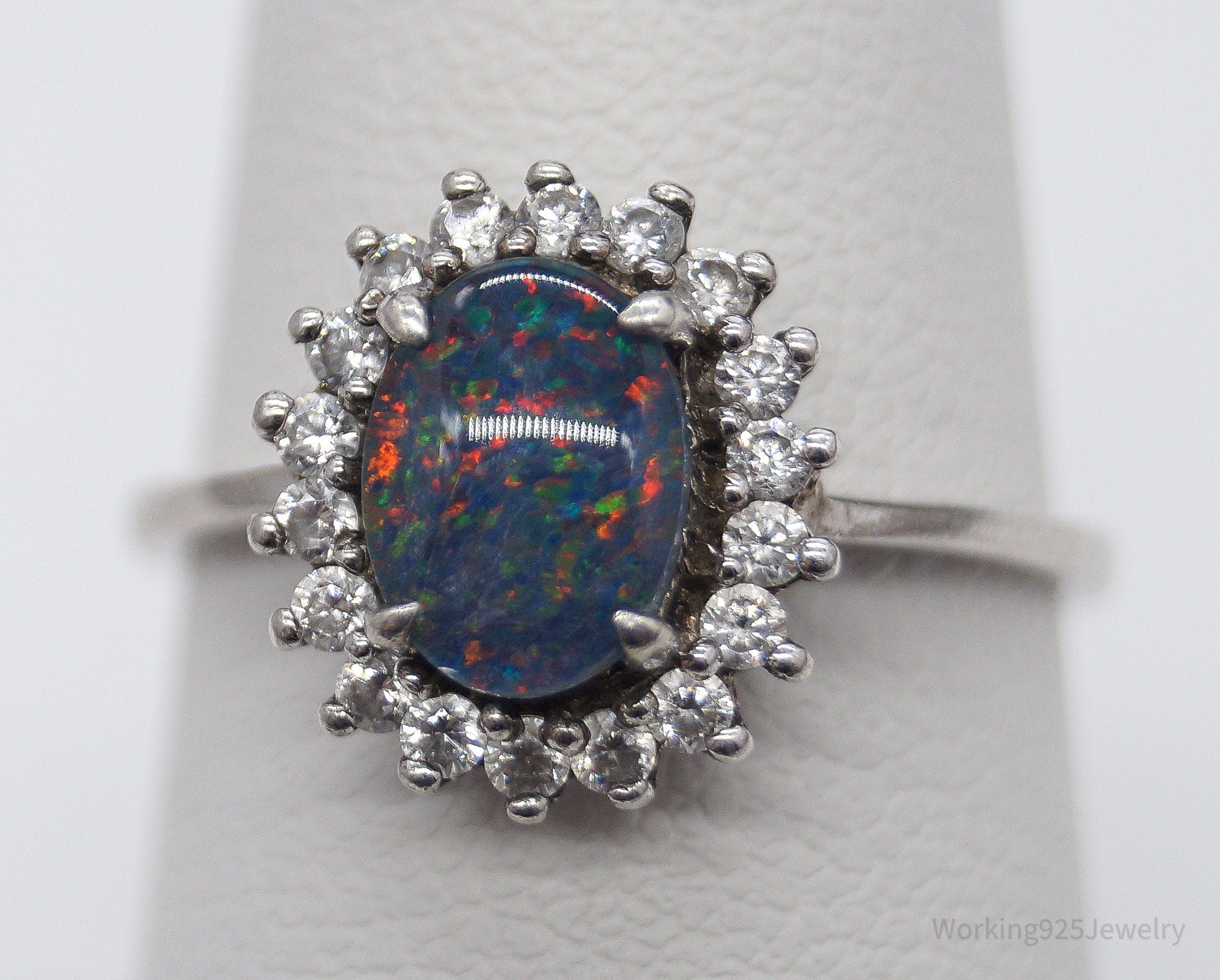 Vintage Opal Triplet Cubic Zirconia Sterling Silver Ring - Size 7