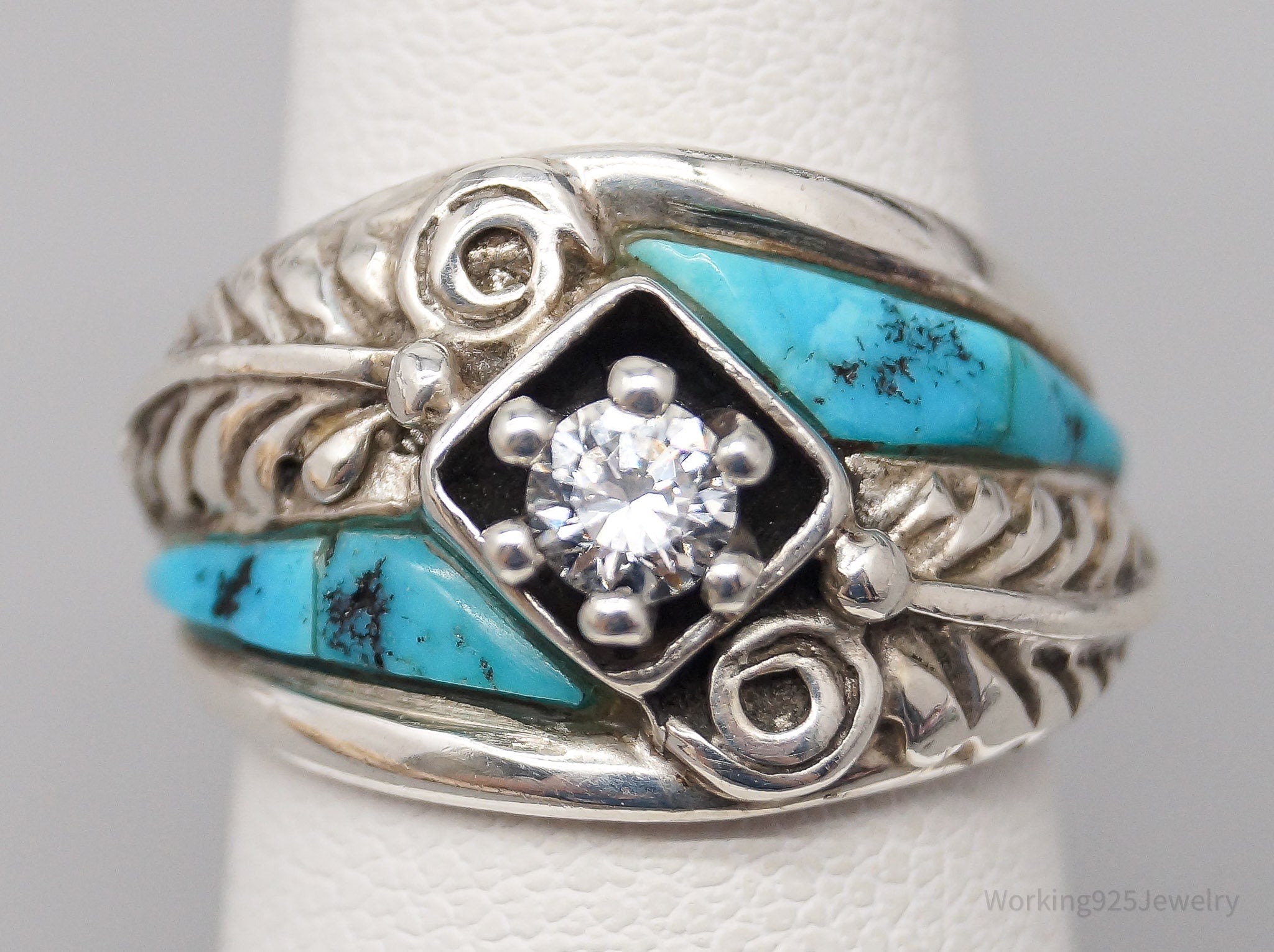 Vintage Carolyn Pollack Cubic Zirconia Turquoise Sterling Silver Ring SZ 5.25