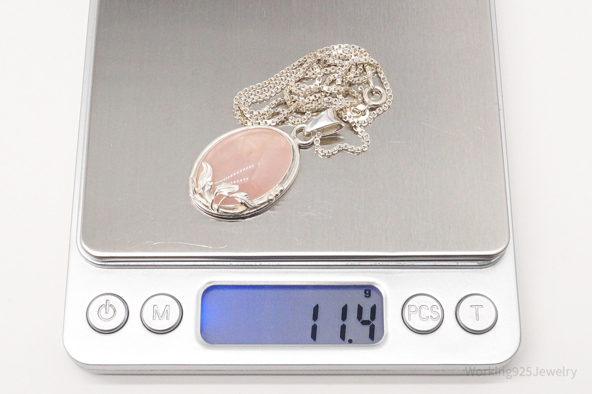 Vintage Large Rose Quartz Sterling Silver Necklace 18"