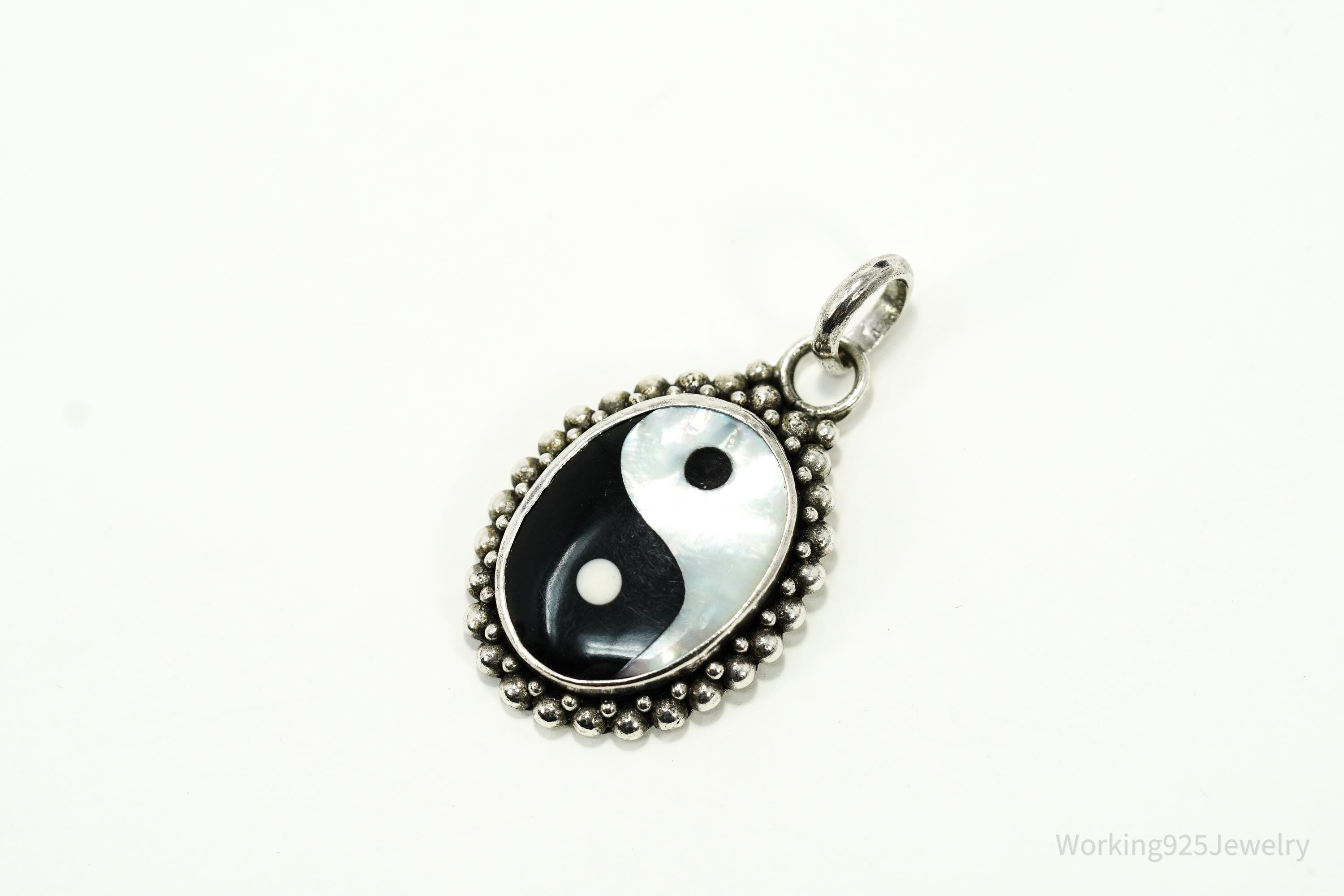 Vintage Black Onyx & Mother Of Pearl Inlay Yin Yang Sterling Silver Pendant