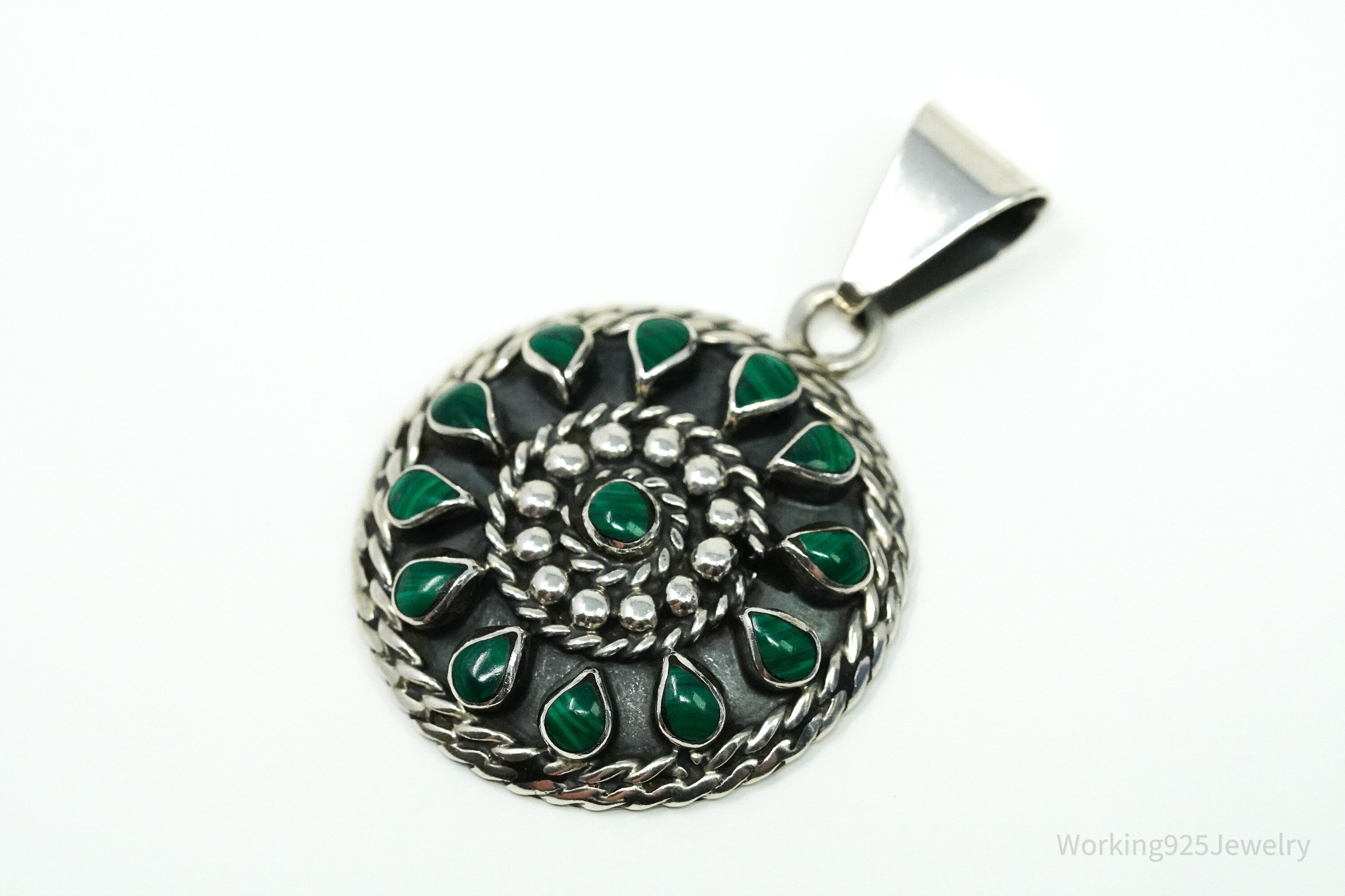 Vintage Large Mexico Malachite Sterling Silver Pendant 1 5/8"