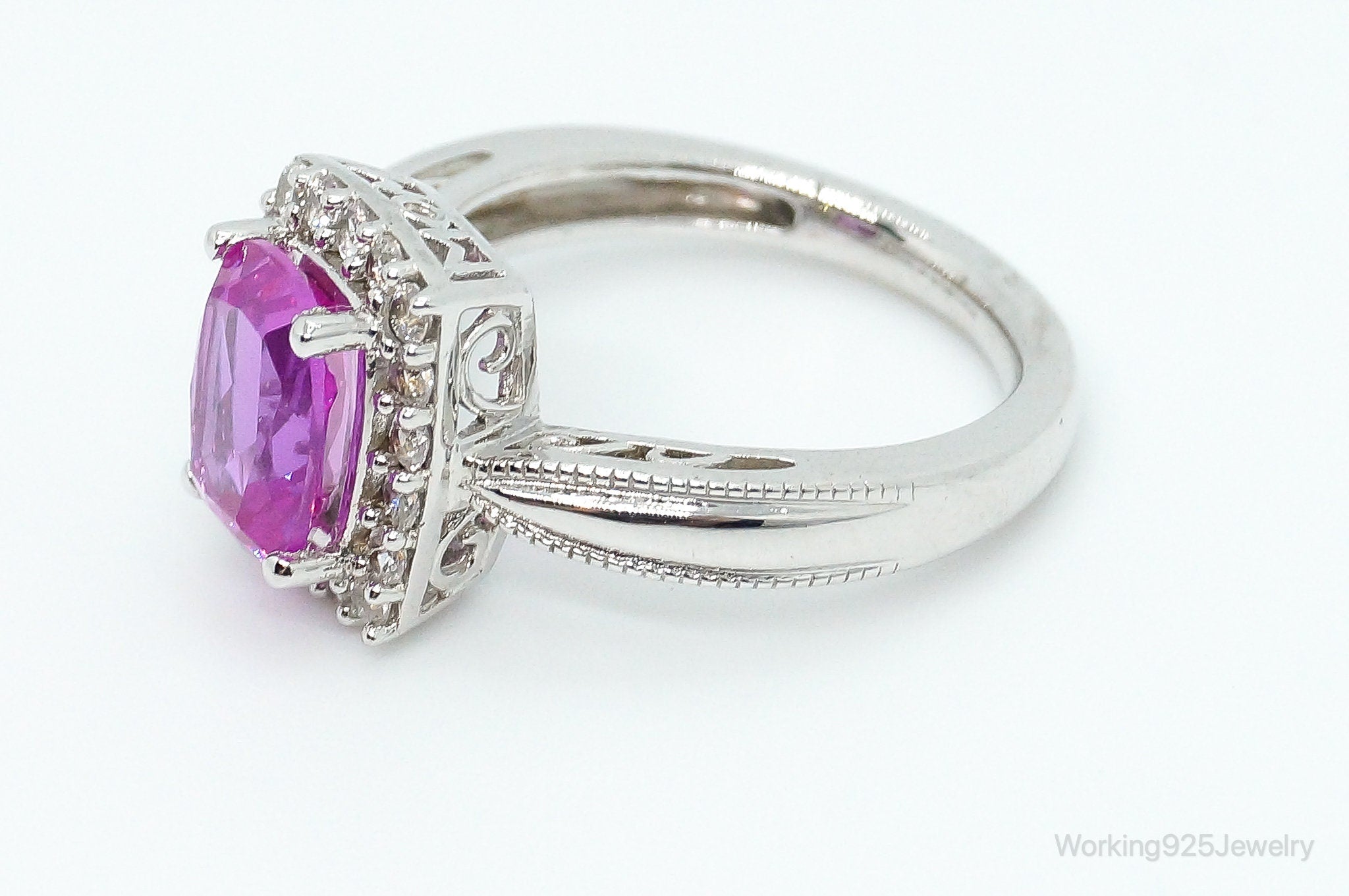 Fuchsia Tourmaline Cubic Zirconia "Mom" Sterling Silver Ring - Size 6.75