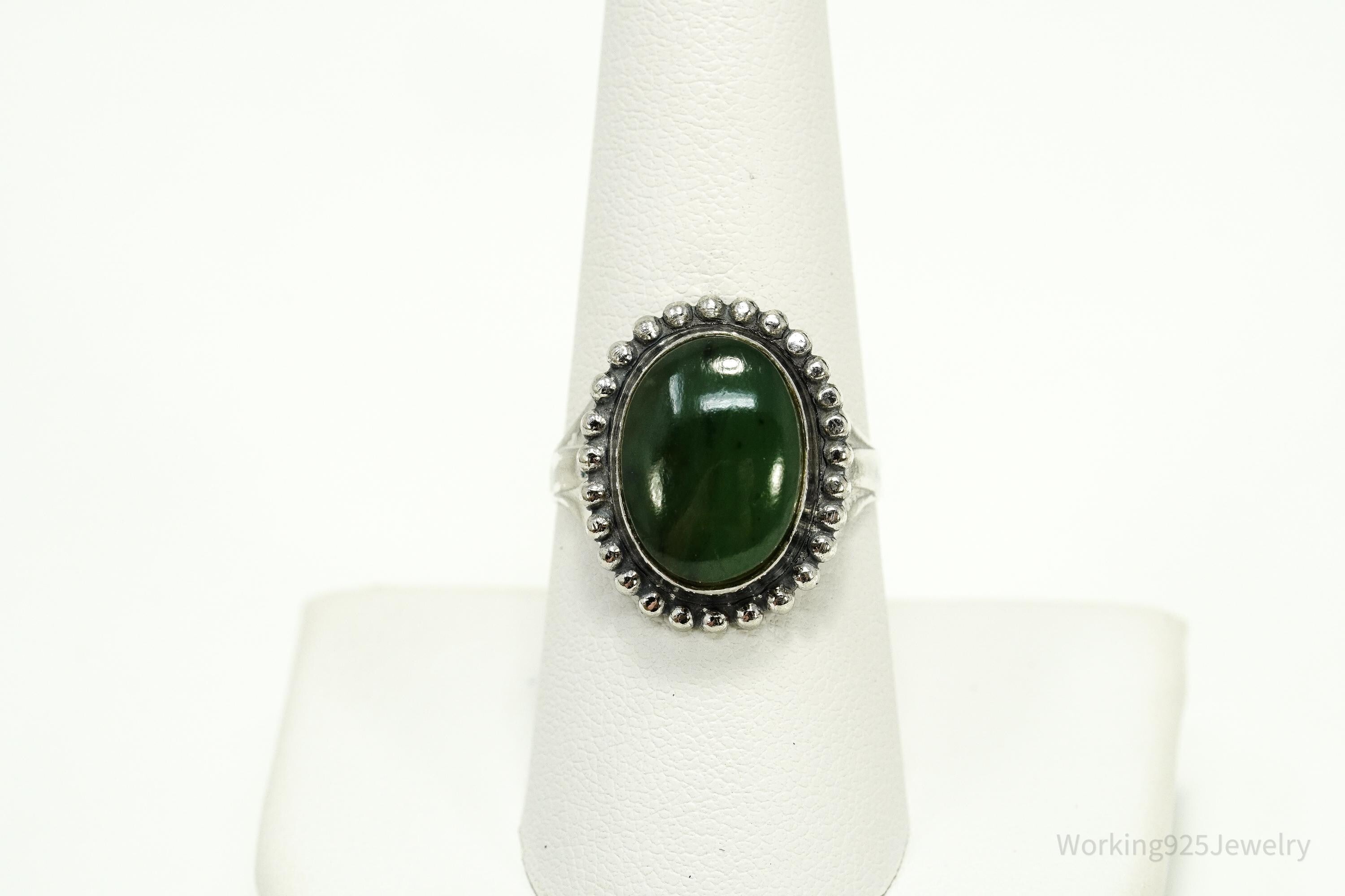 Antique Nephrite Jade Sterling Silver Ring - Size 8.25