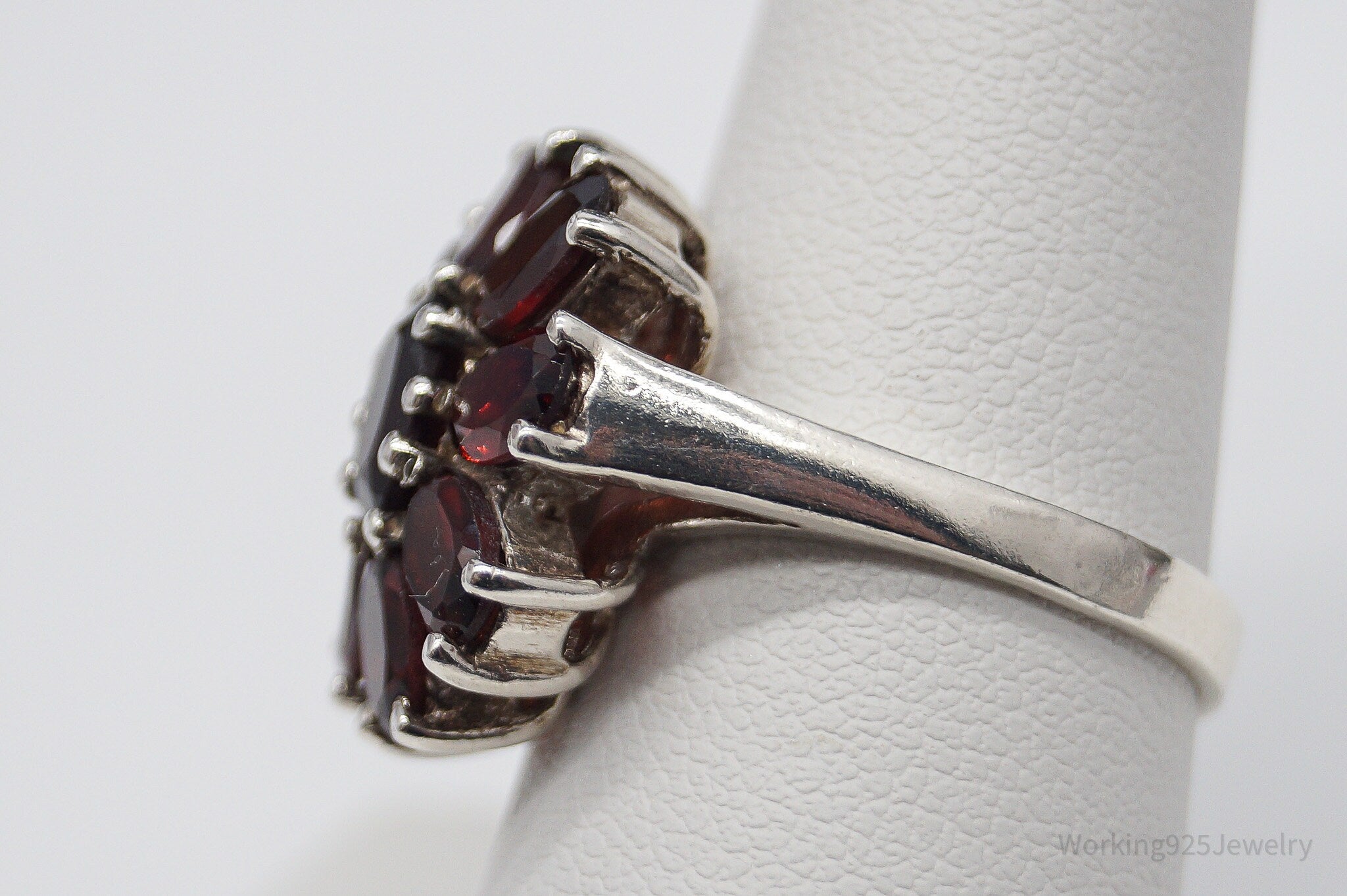Vintage Garnet Flower Sterling Silver Ring - Size 8.25