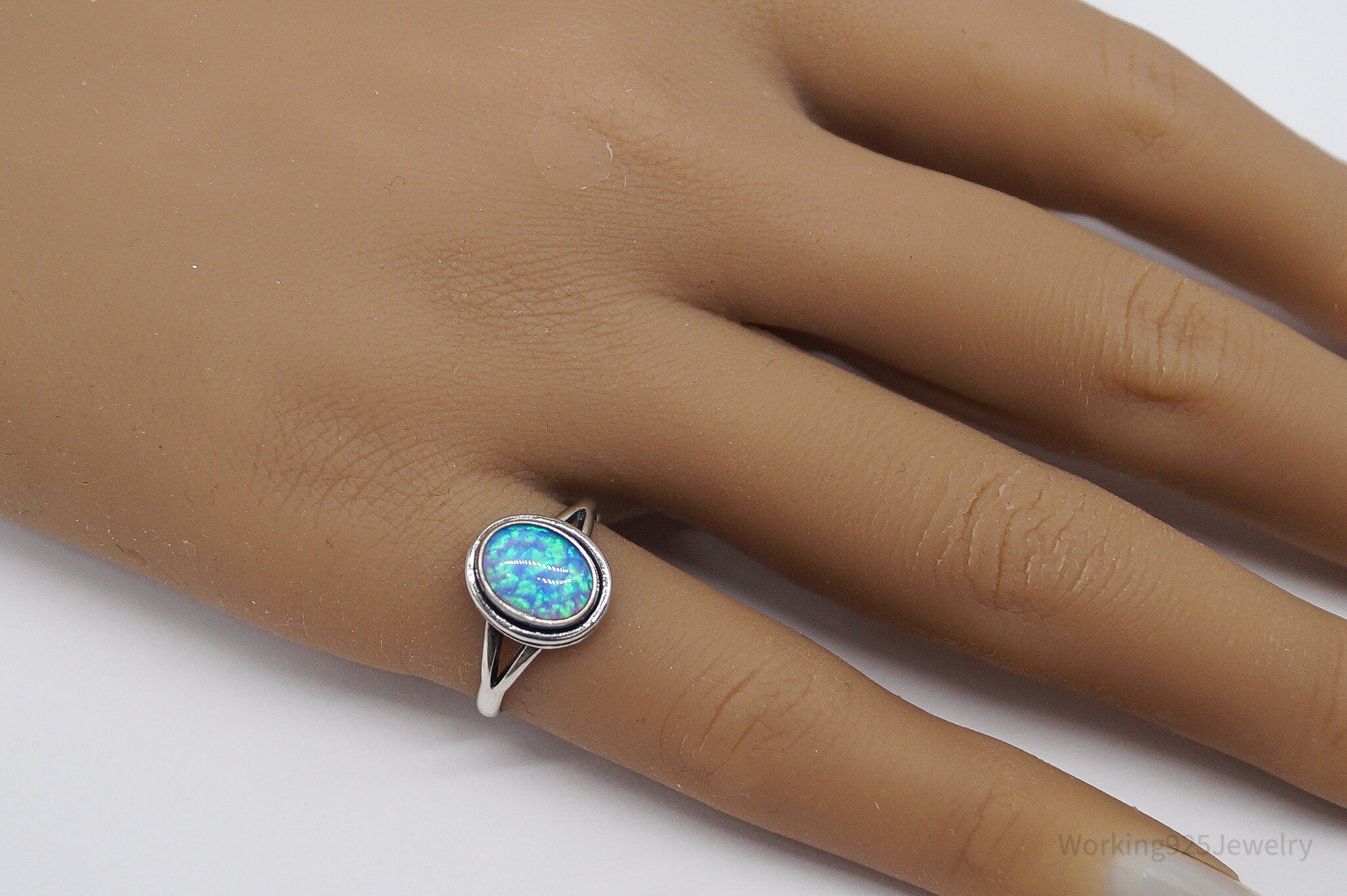 Vintage Blue Opal Sterling Silver Ring - Size 6.5