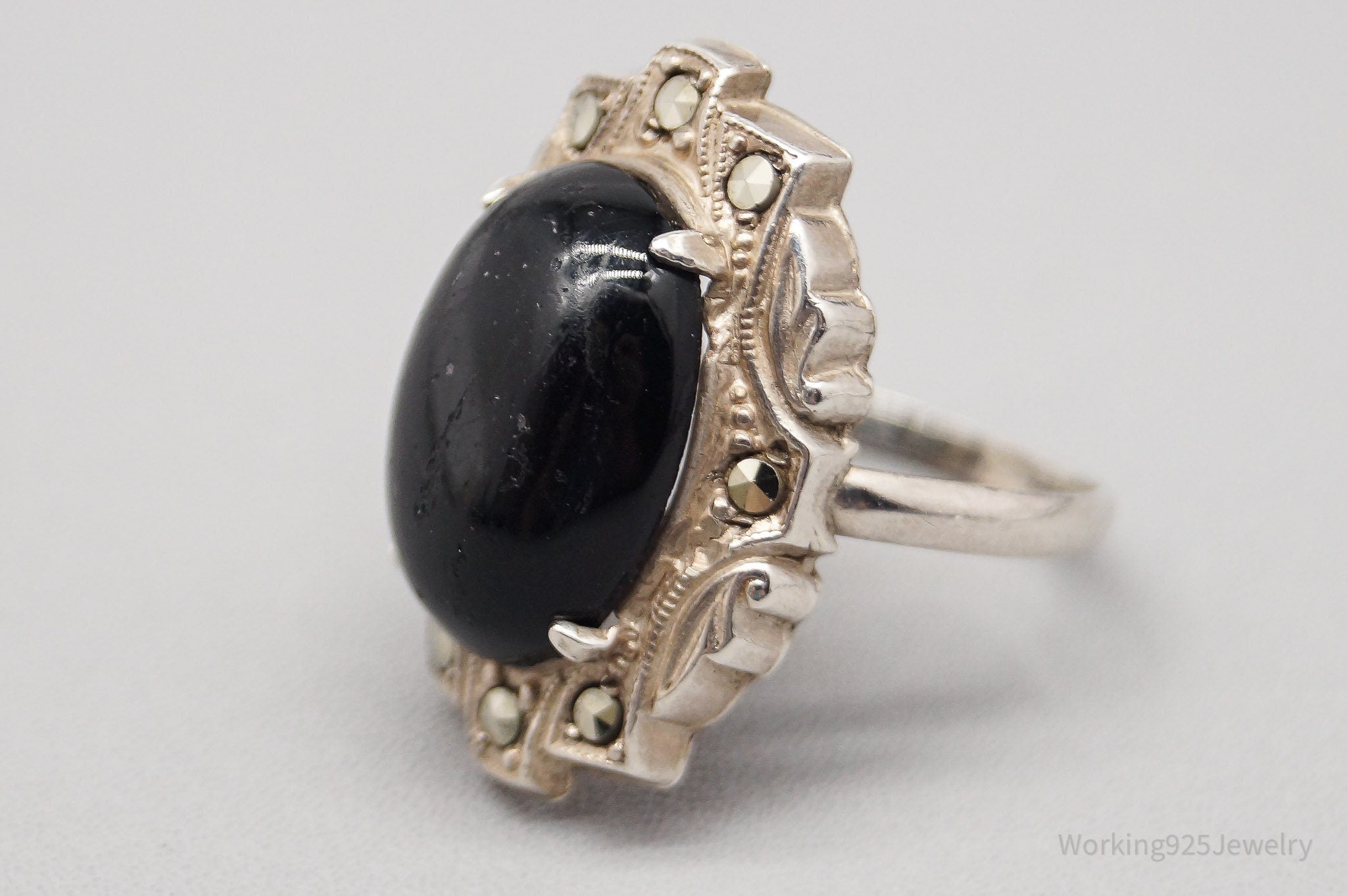 Antique Art Deco Black Onyx Marcasite Sterling Silver Ring - Size 5