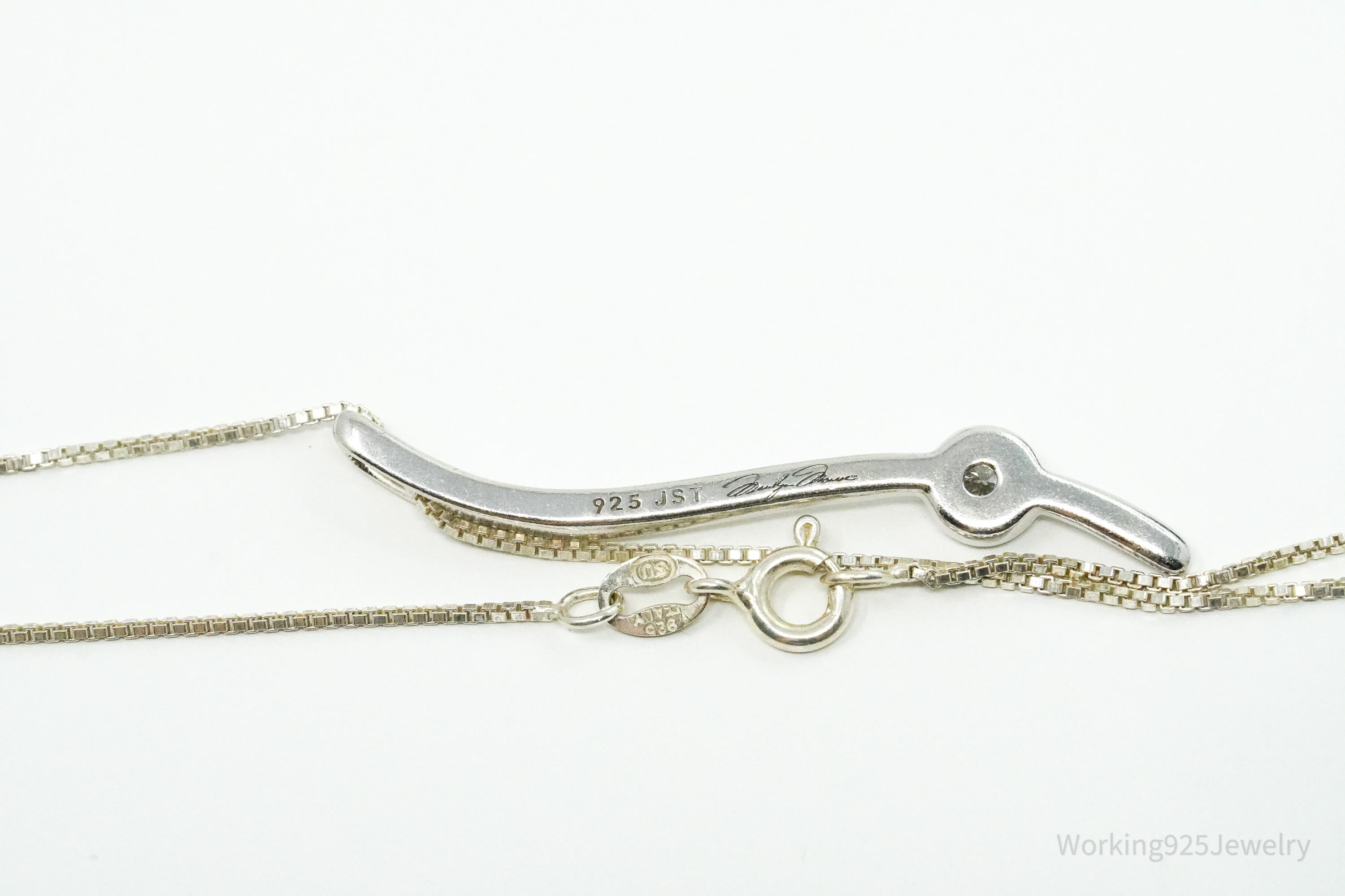 Solitaire Linear Ribbon Diamond Sterling Silver Necklace 16"