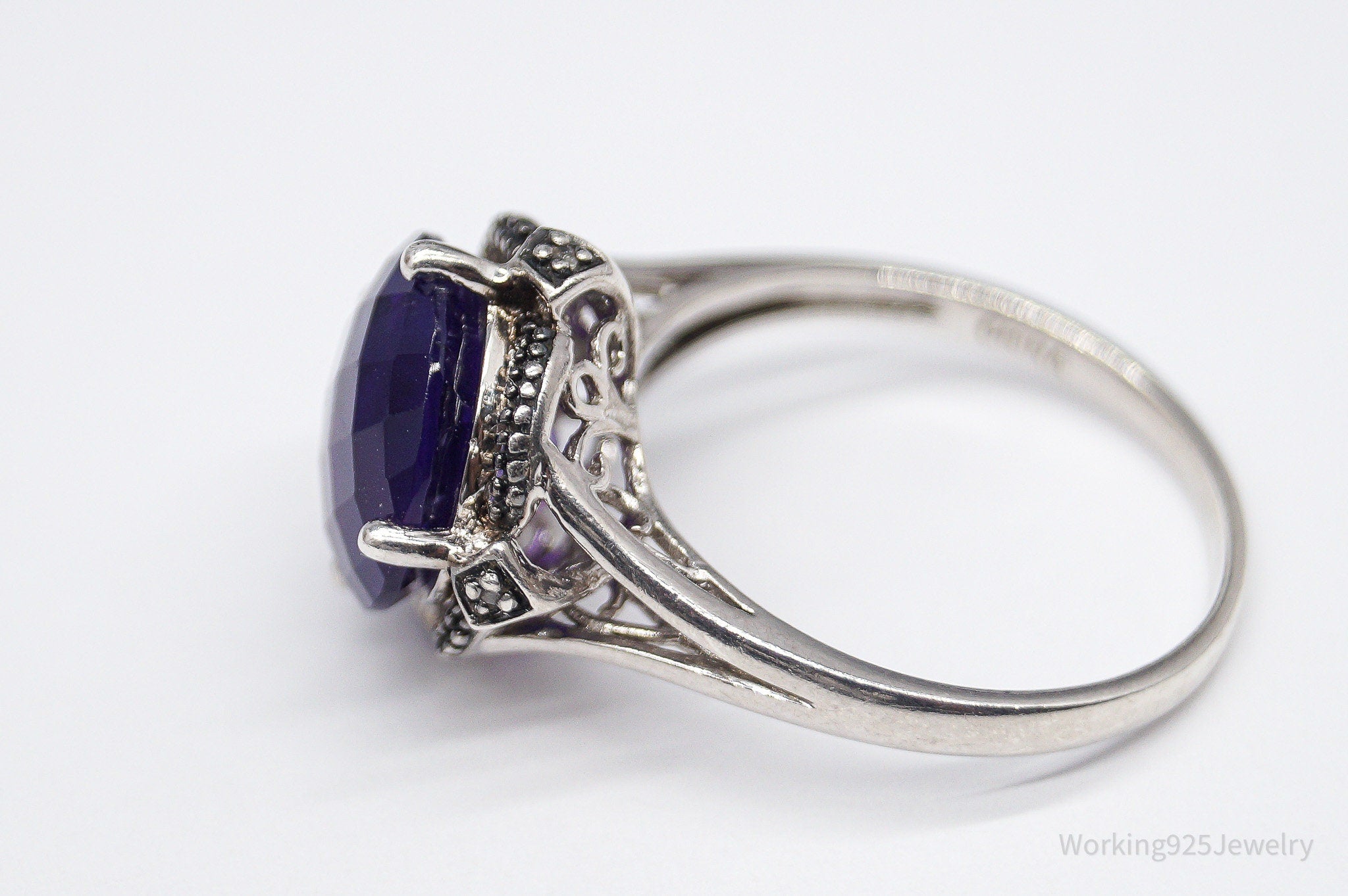 Vintage Amethyst & Diamond Sterling Silver Ring - Size 10