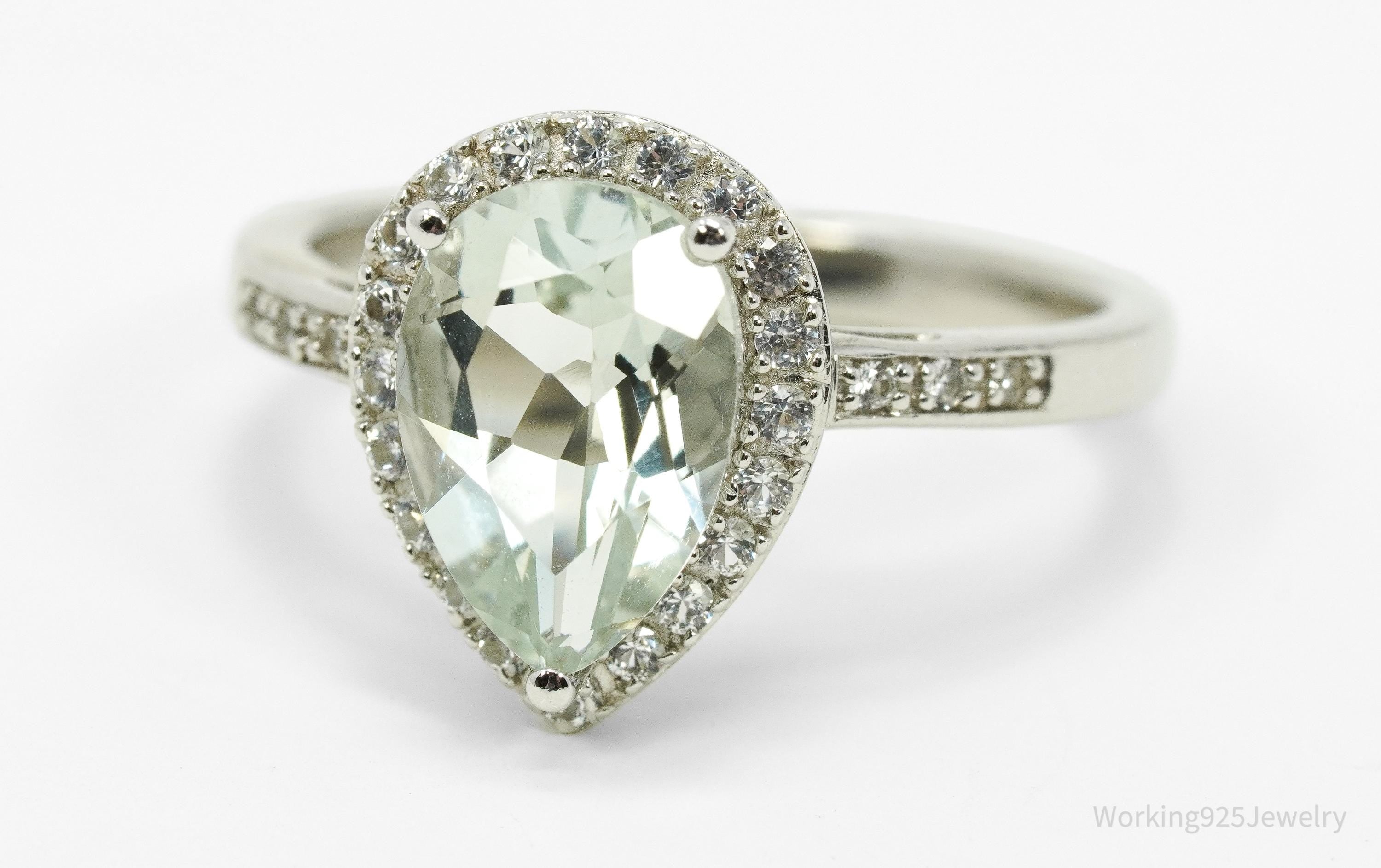 Vintage Green Prasiolite & White Topaz Sterling Silver Ring - Size 6