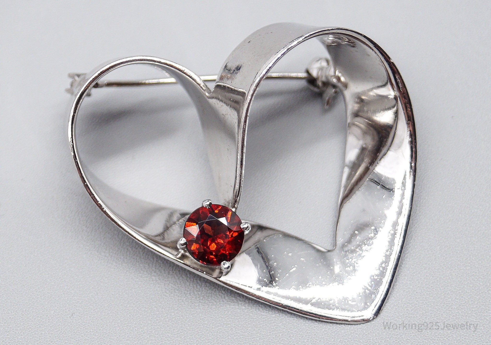 Large Vintage Garnet Heart Sterling Silver Brooch Pin