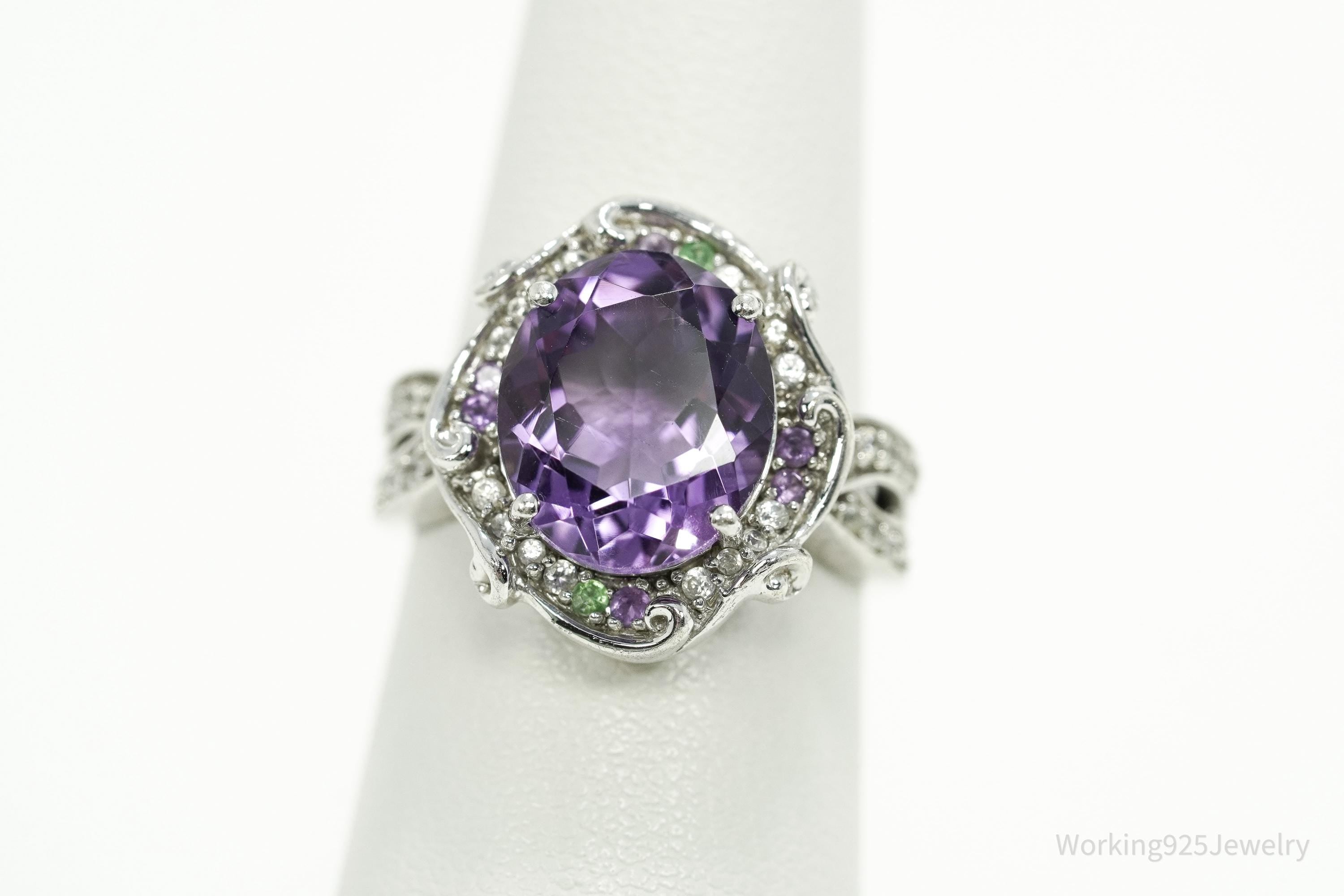 Vintage Amethyst, Cubic Zirconia, & Peridot Sterling Silver Ring - Size 6
