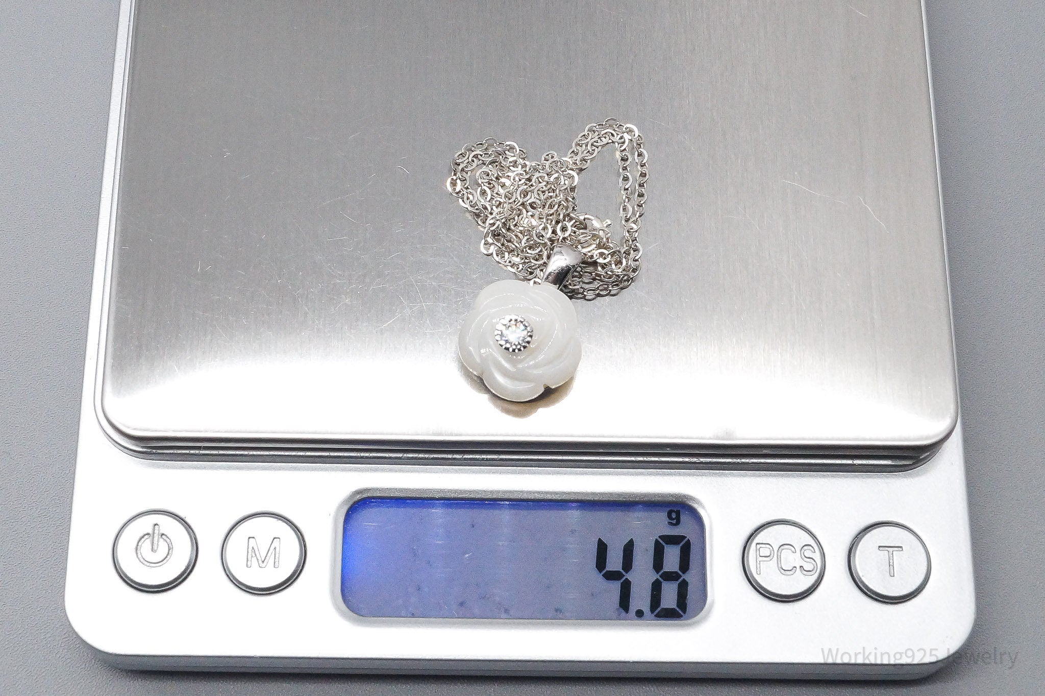 Vintage Cubic Zirconia & Mother Of Pearl Rose Sterling Silver Necklace 18"