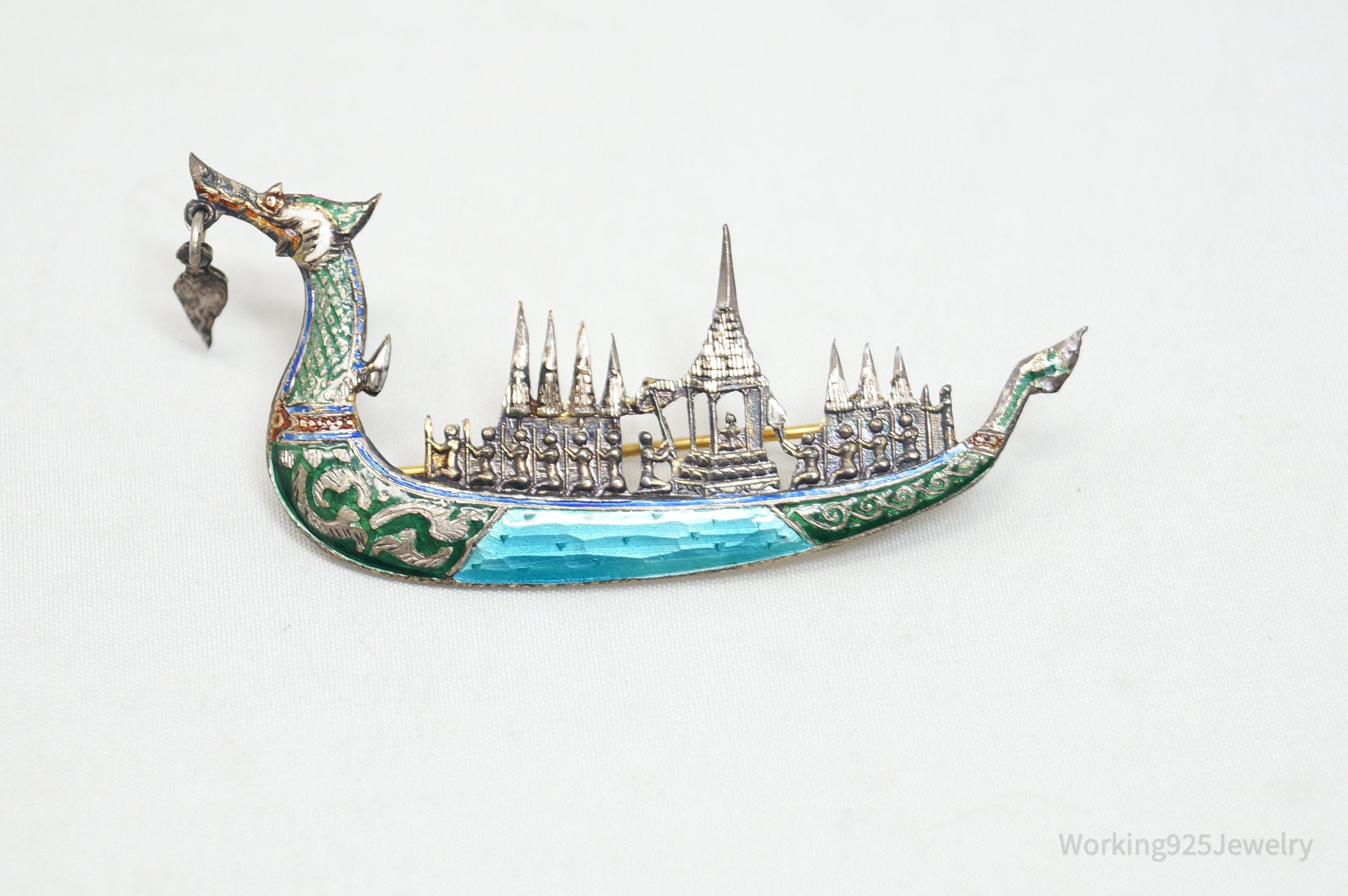 Vintage Designer SIAM Suphanahongse Viking Ship Enamel Sterling Silver Brooch