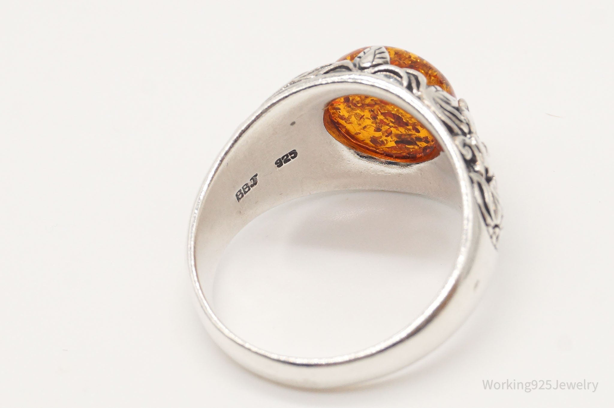 Vintage Designer BBJ Large Amber Floral Sterling Silver Ring - Size 10.75