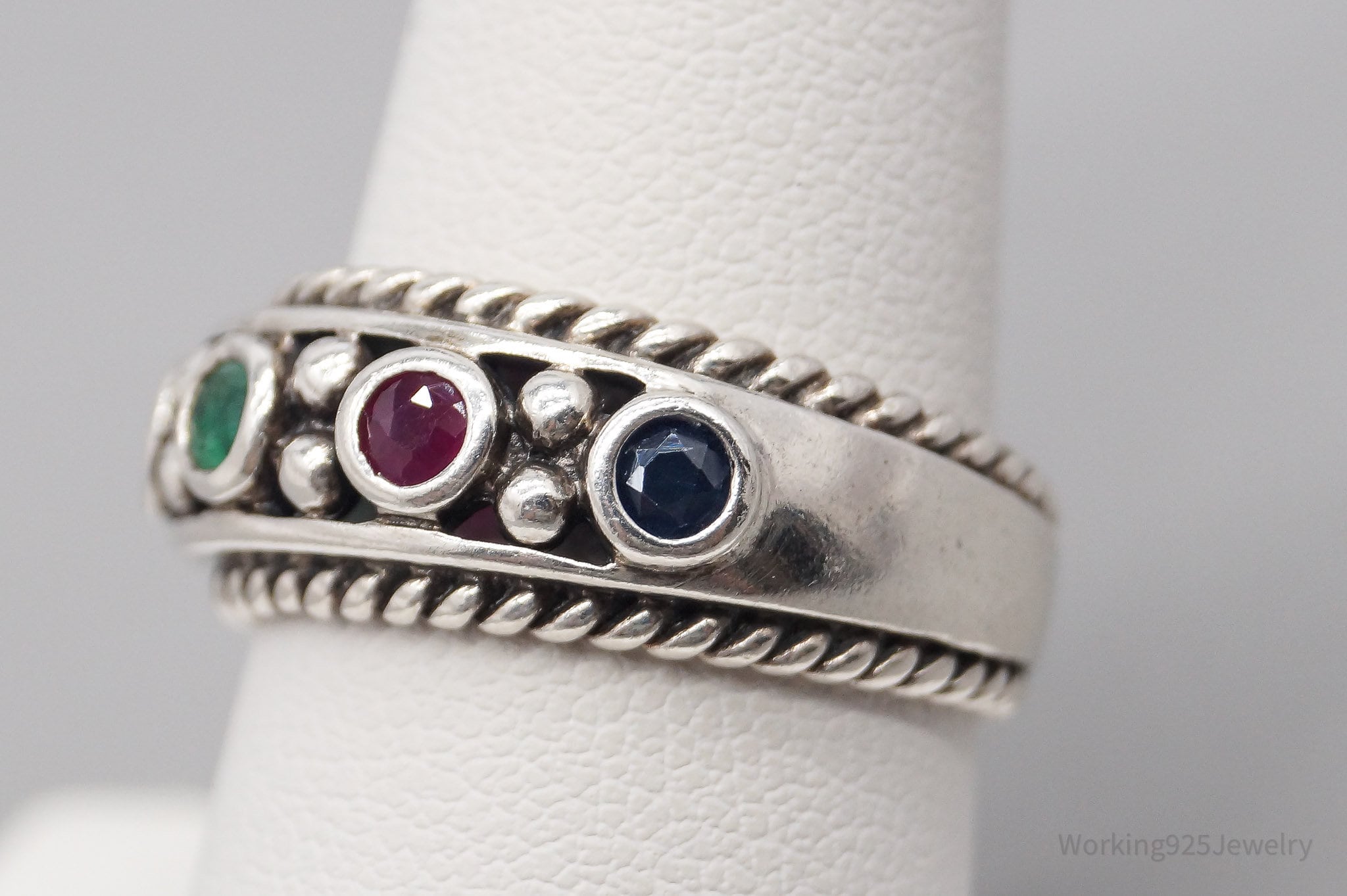 Vintage Ruby Emerald Sapphire Sterling Silver Ring - Size 7.75