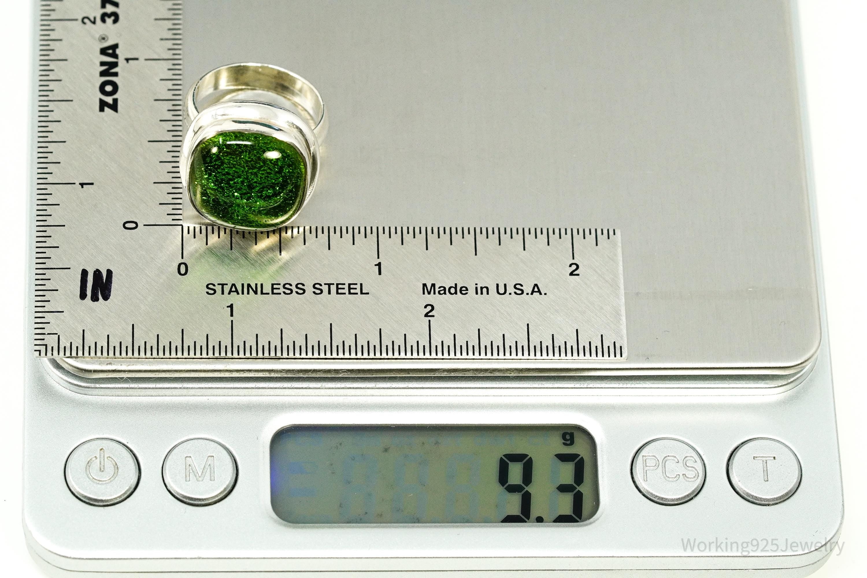 Vintage Green Dichroic Glass Sterling Silver Ring - Size 6