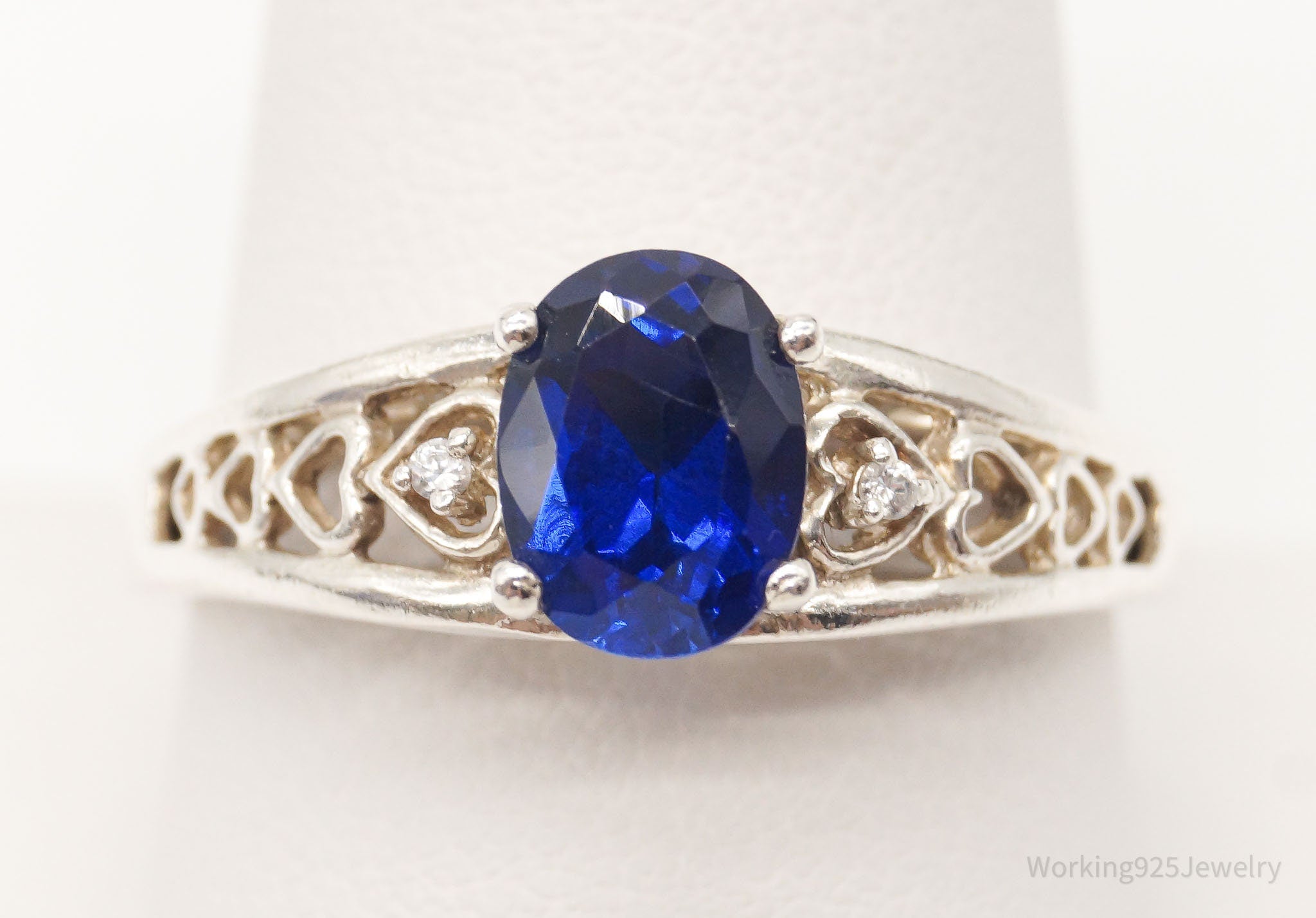 Vintage Blue Lab Sapphire Cubic Zirconia Sterling Silver Ring - Size 10