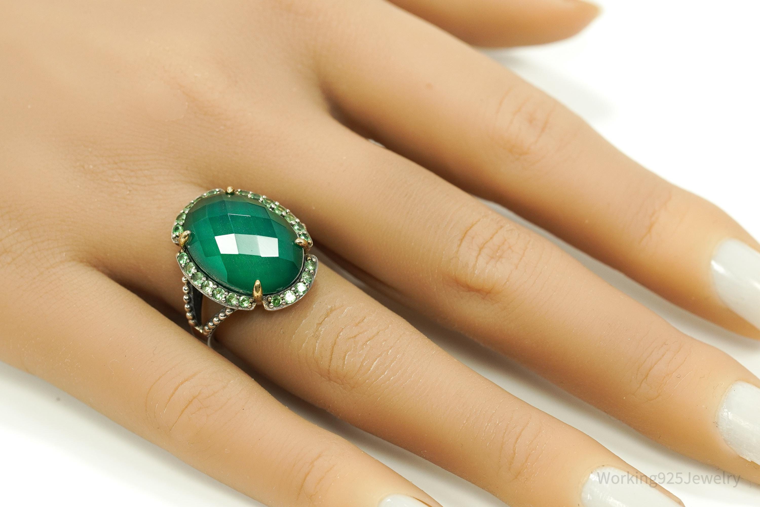 Vintage Green Chrysoprase & Peridot Gold Vermeil Sterling Silver Ring - Size 7