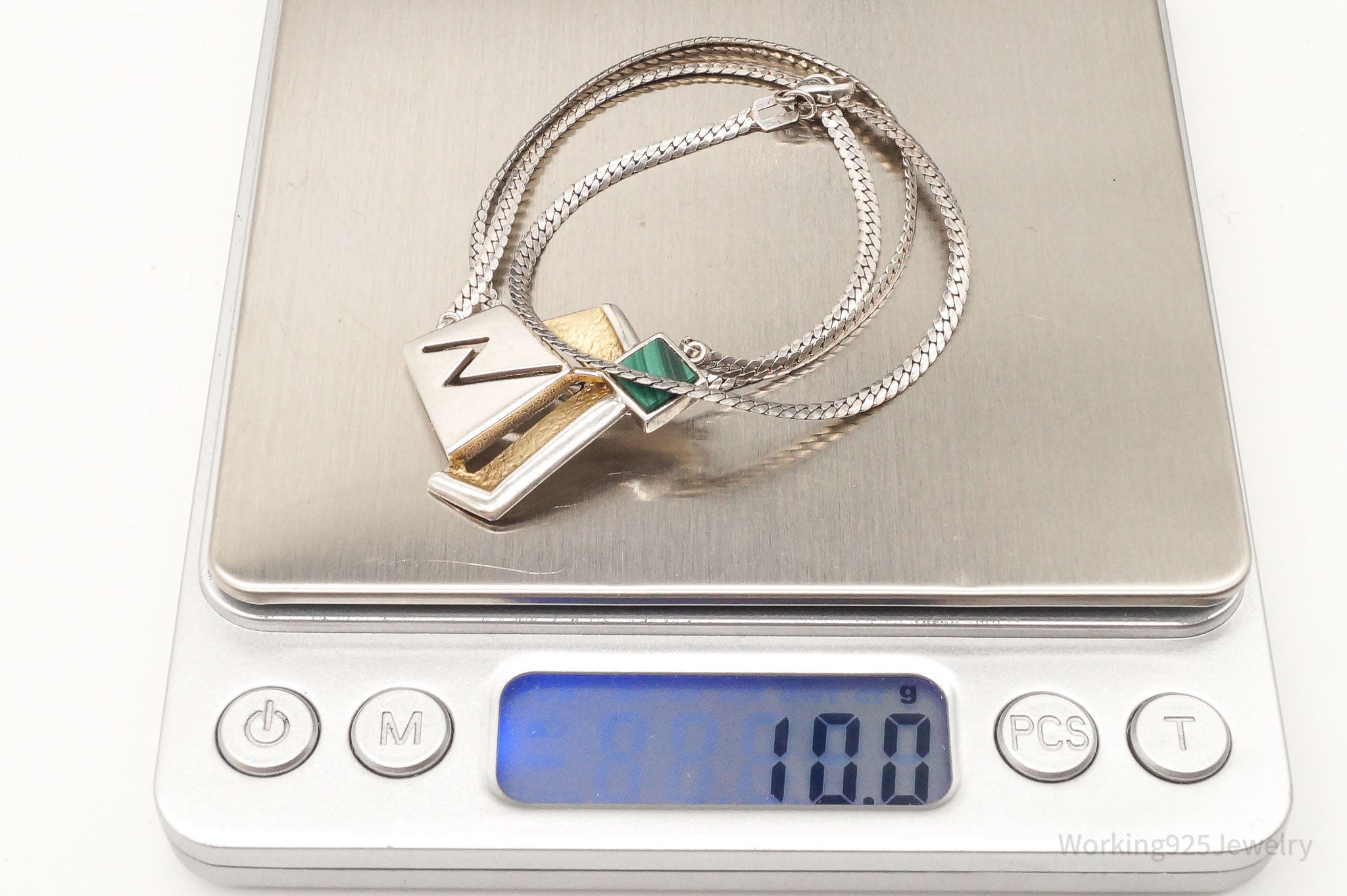 Vintage Malachite Modernist Gold Vermeil Sterling Silver Necklace