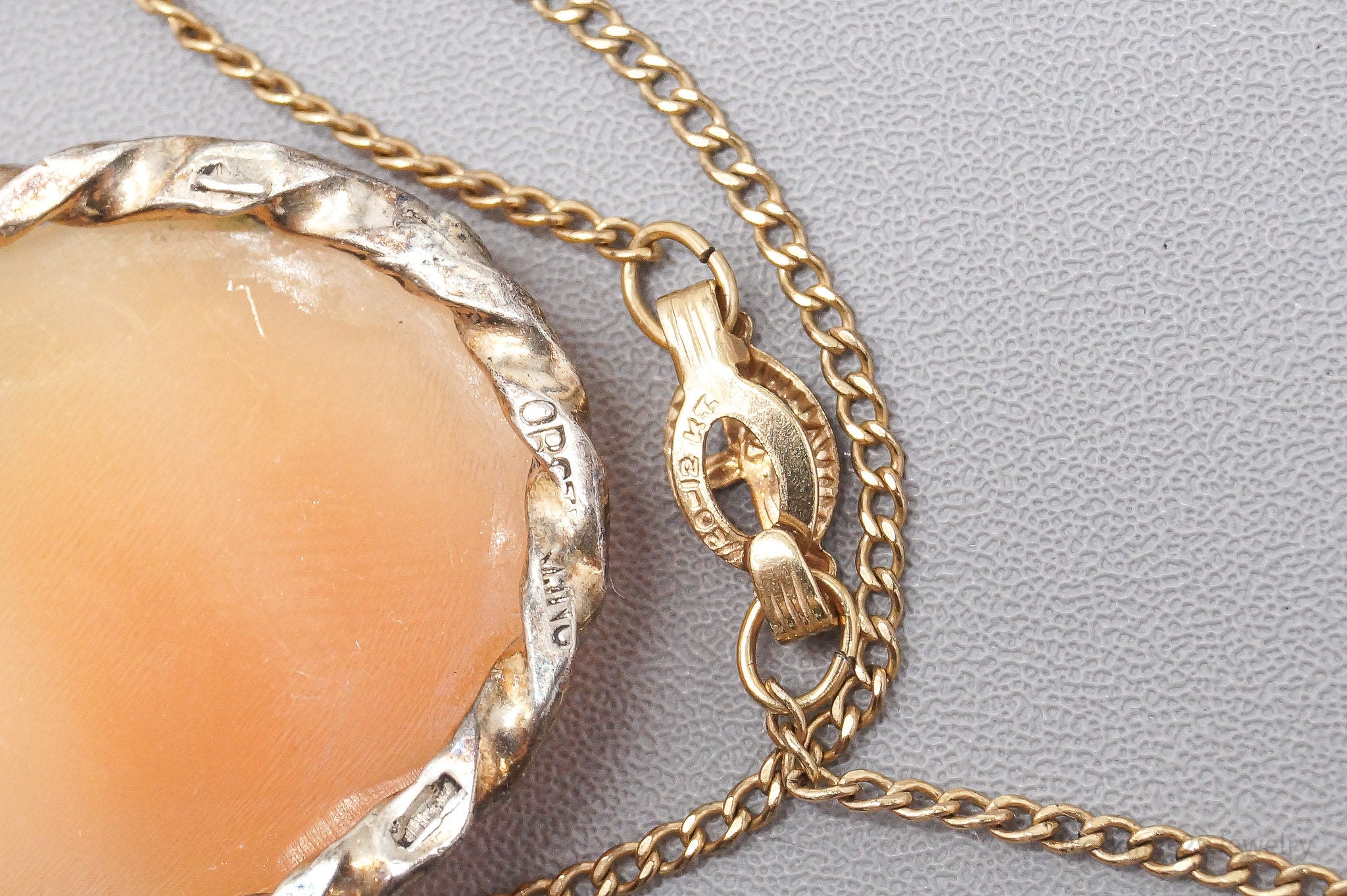 Antique Victorian Ostby Barton Shell Cameo Titanic 12K GF Sterling Silver Necklace 16"