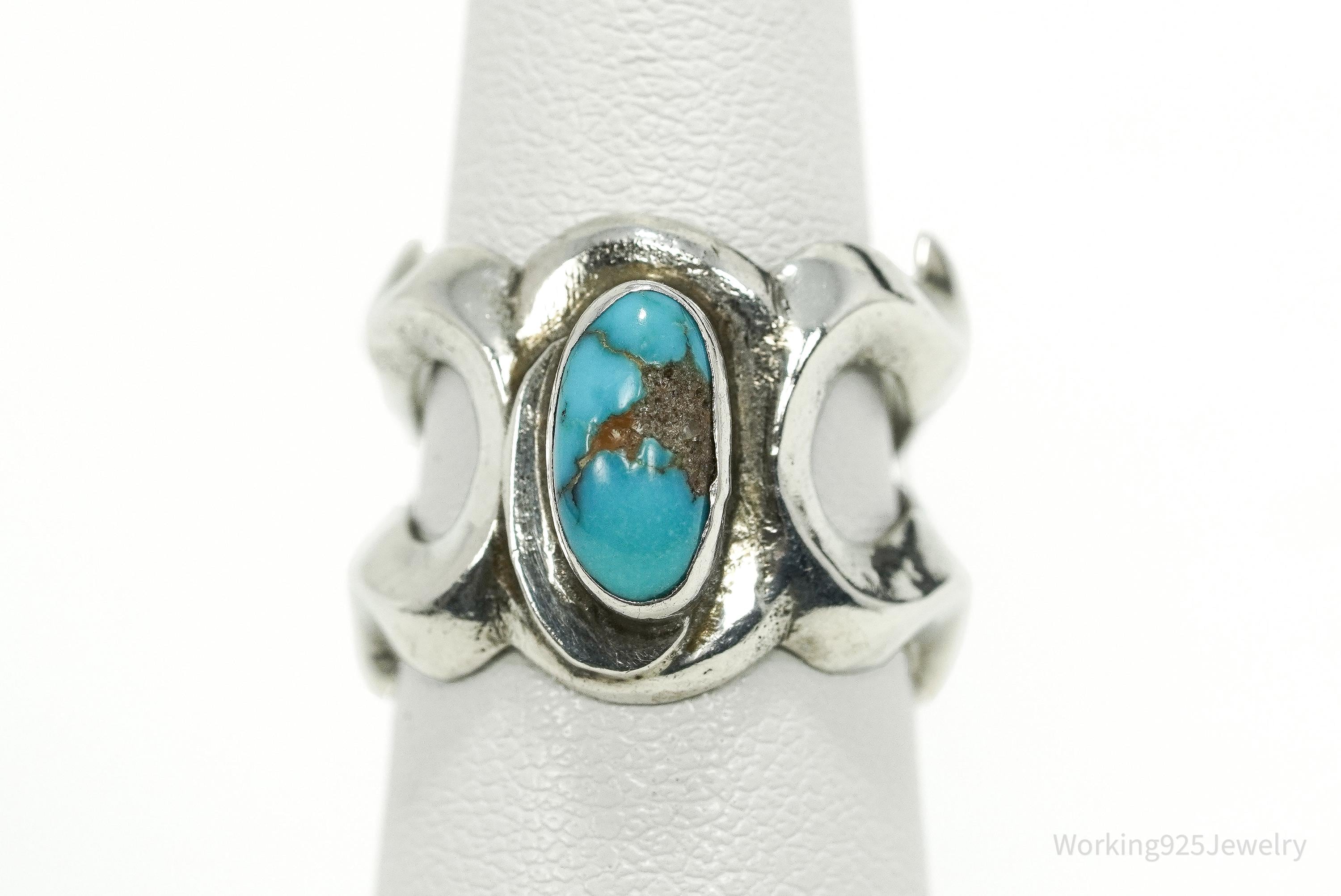 Vintage Handmade Native American Turquoise Unsigned Silver Ring - Size 5.5