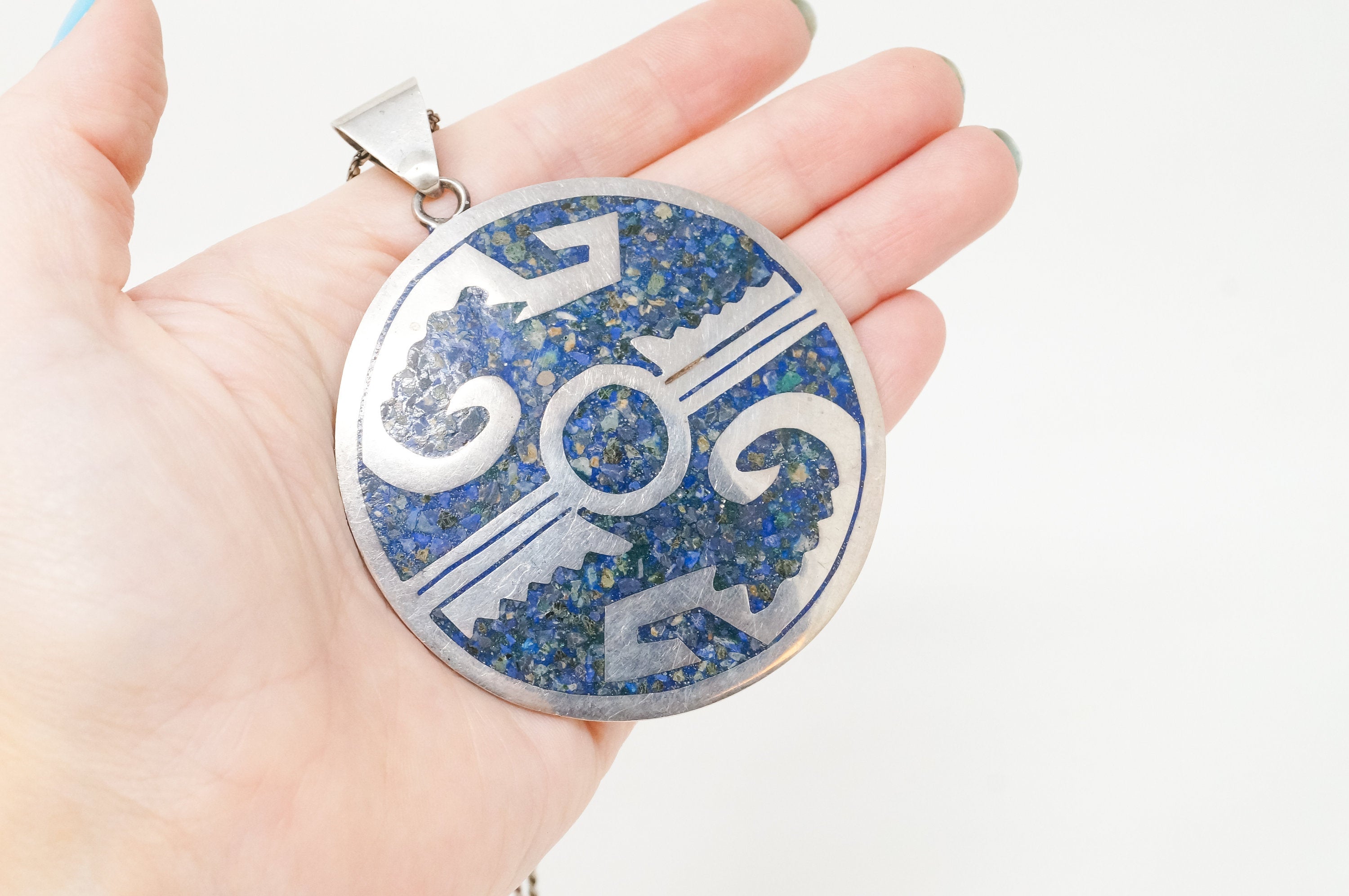 Vintage Large Mexico Handmade Lapis Lazuli Sterling Silver Aztec Necklace